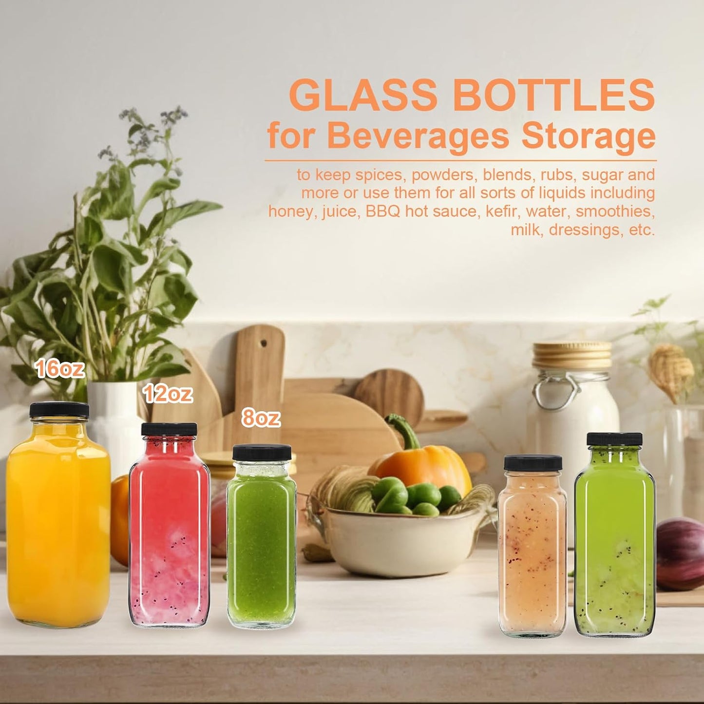 6 Pack 12oz Glass Water Bottles, 350ml Empty Glass Juice Bottles with Black Lids, Brush & Labels, Clear Reusable Drinking Jars for Juicing, Homemade Smoothies, Beverages