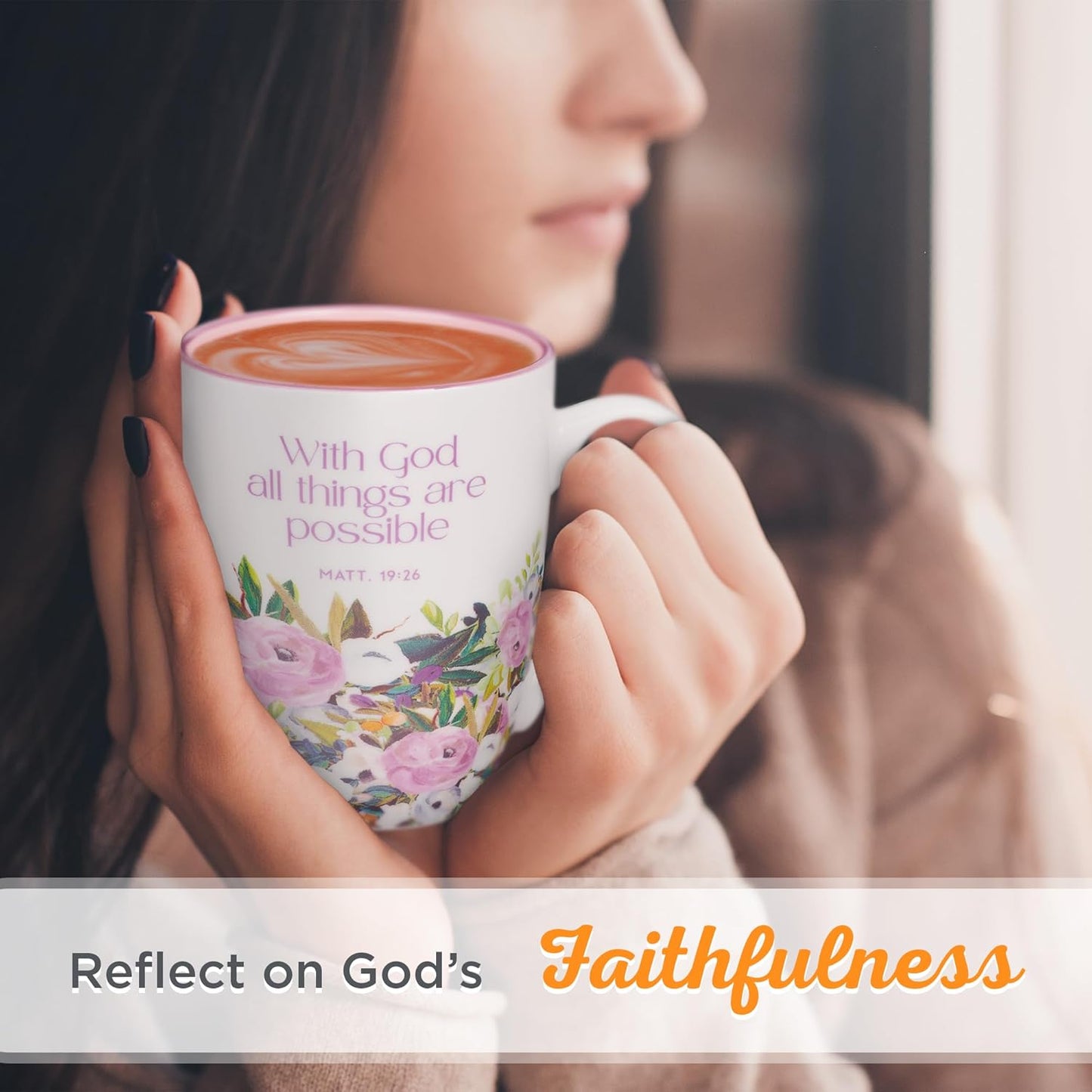 Christian Art Gifts Inspirational Ceramic Coffee & Tea Scripture Mug for Women: All Things are Possible Encouraging Bible Verse, Cute Microwave & Dishwasher Safe Drinkware, White & Pink Floral, 12 oz.