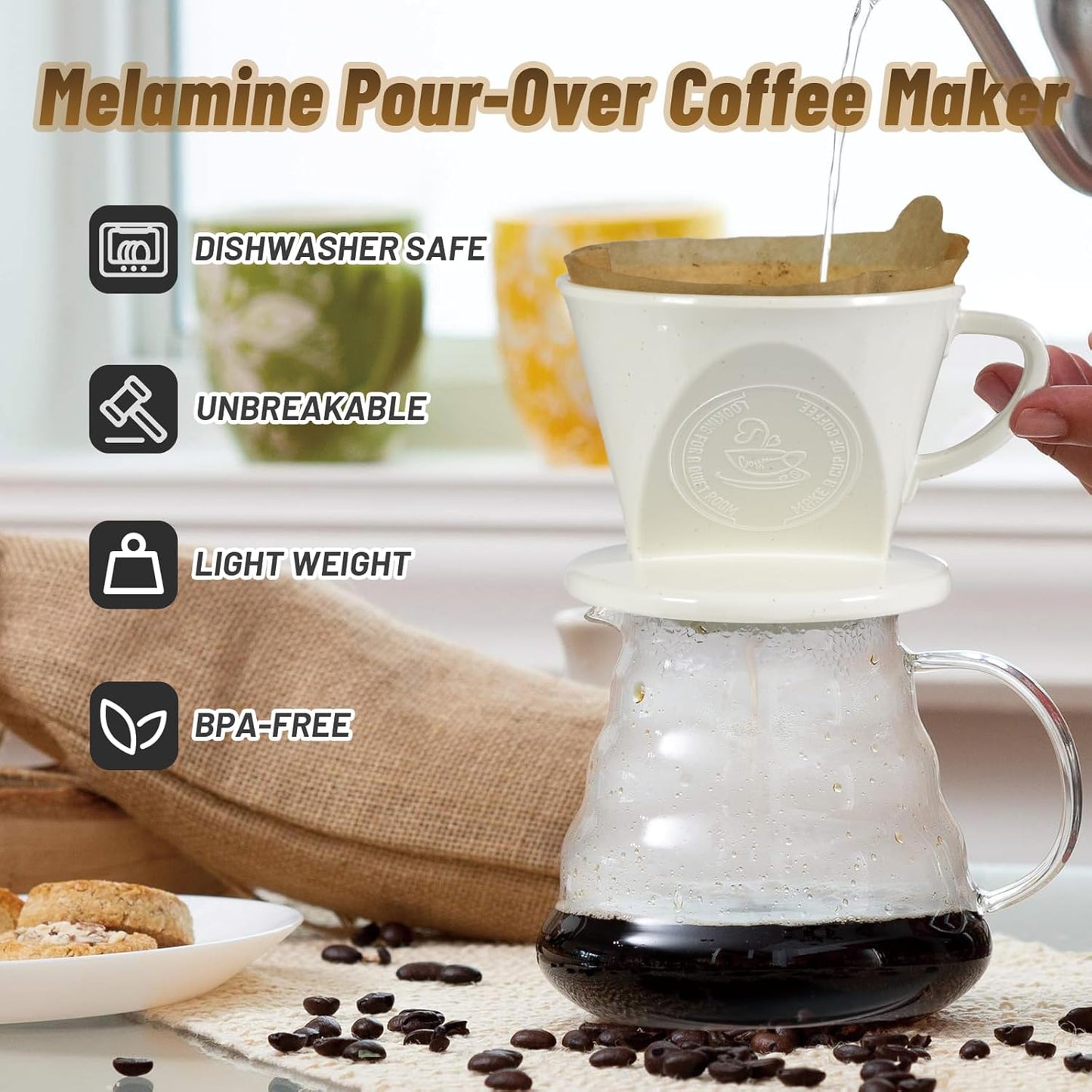Melamine Pour Over Coffee Maker with 3 Drip Holes, Pour Over Coffee Dripper For Camping, Home, Caf?, Size 02 (White)