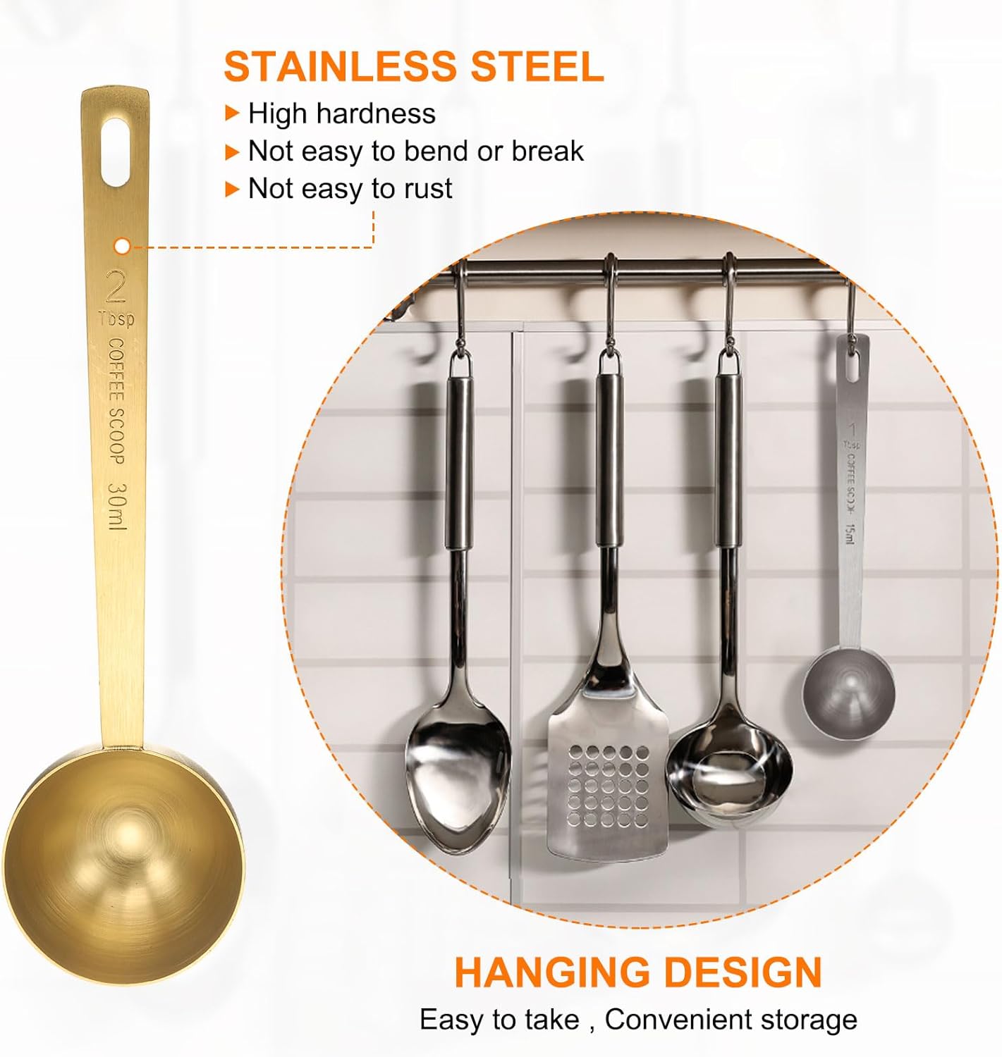 HARFINGTON Coffee Scoop Spoon 2tbsp (6tsp, 30ml) 304 Stainless Steel Long Handle Teaspoon/Tablespoon Measuring Spoons Scoops for Tea Sugar Kitchen, Gold