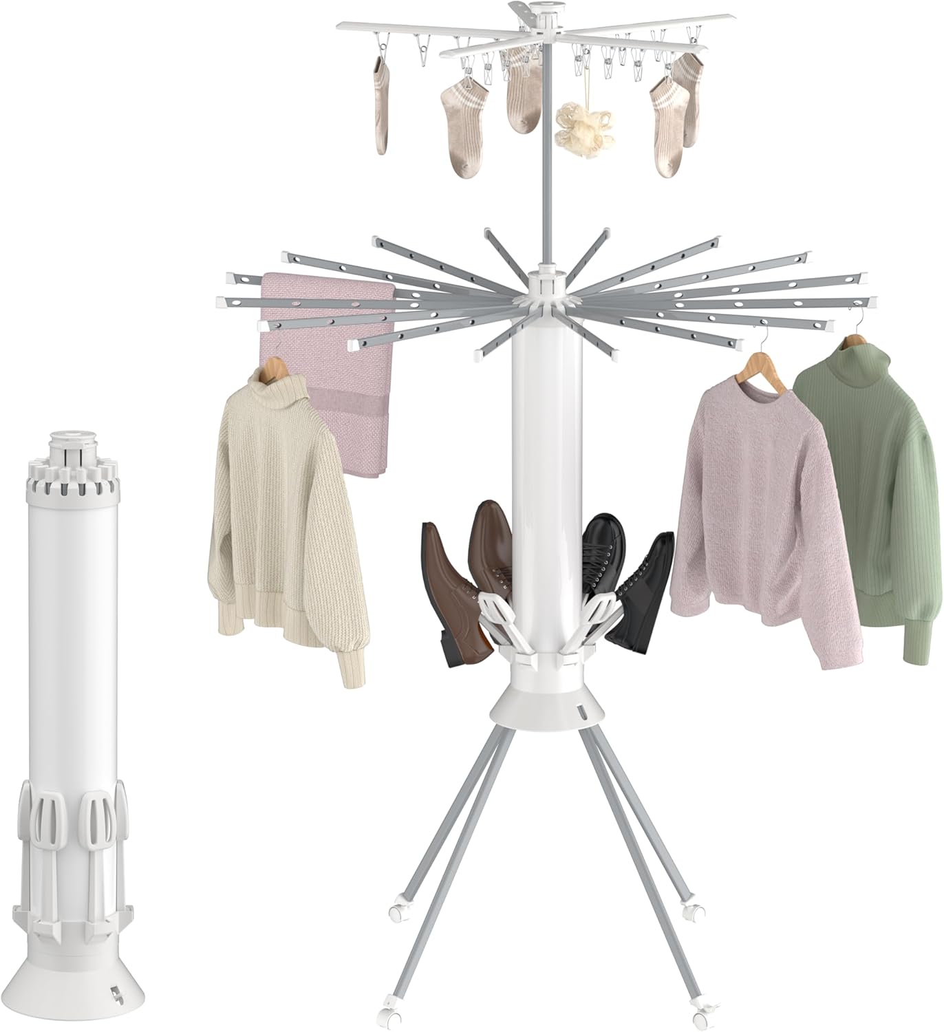 Clothes Drying Rack, 4-Legged Portable Drying Rack Clothing with 20 Clips, Shoe Dryer Rack, Outdoor Foldable Laundry Drying Racks with 4 Pulleys, Aluminum Hanging Dry Rack