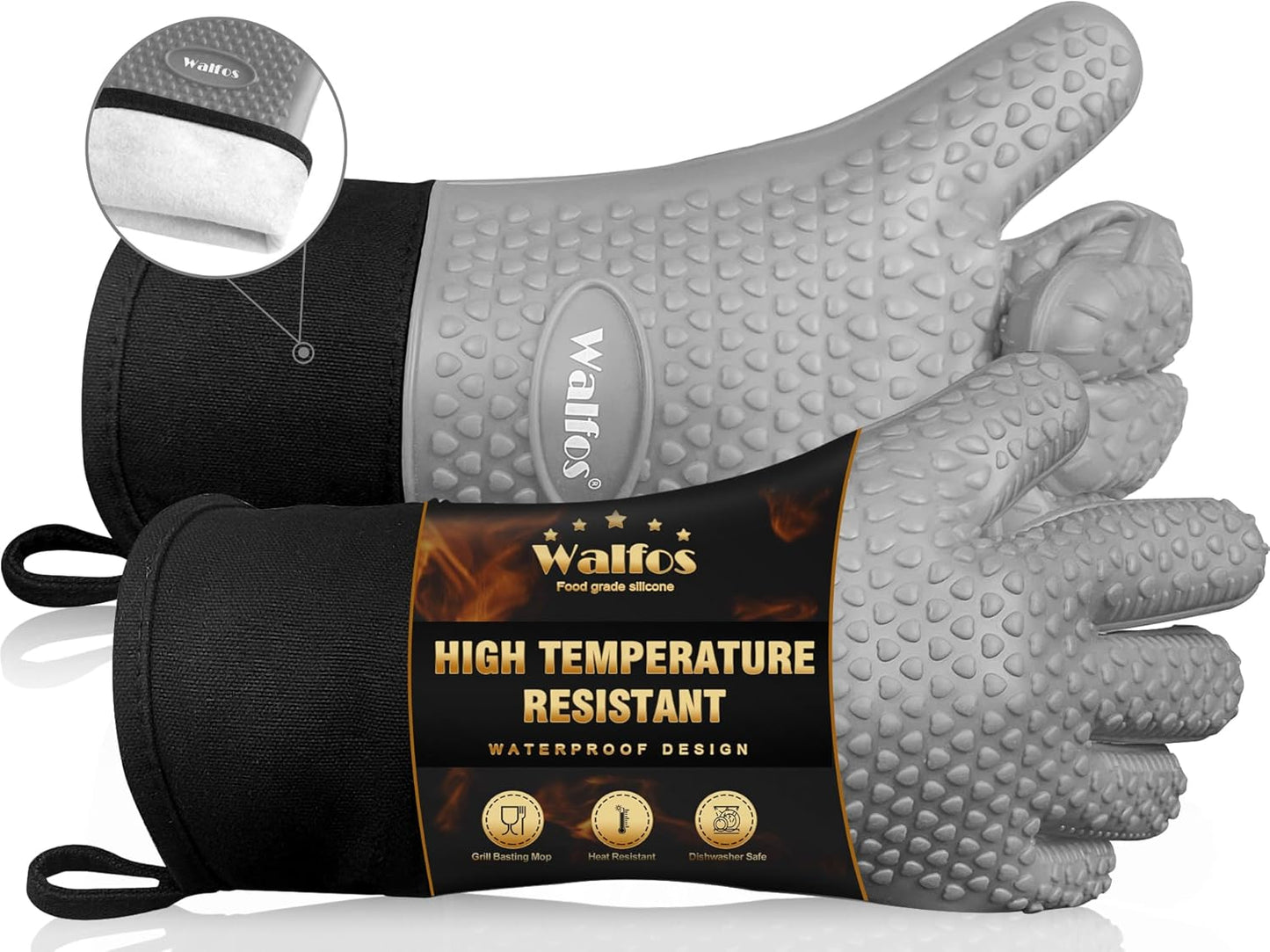 Walfos Silicone BBQ Gloves - Heat Resistant Grilling Gloves, Premium Non-Slip Kitchen Silicone Oven Mitt with Protective Cotton Layer Inside, Waterproof, Great for Grilling, Kitchen and Cooking, Gray