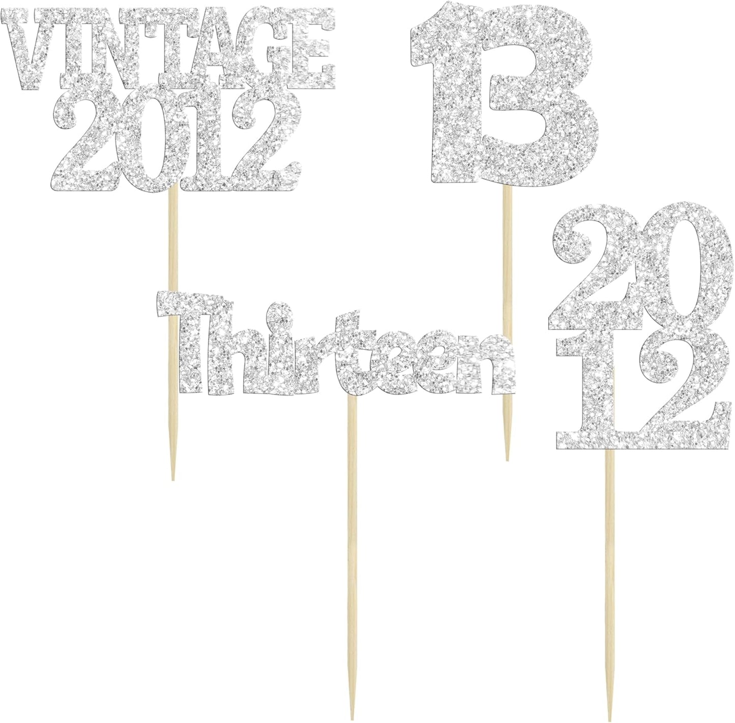 Gyufise 24Pcs 13th Birthday Cupcake Toppers Glitter Thirteen Vintage 2012 Hello 13 Years Birthday Cupcake Picks Official Teenager 13 Cake Decorations for Happy 13th Anniversary Party Silver