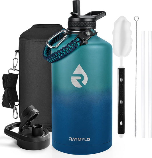 One Gallon Water Bottle Insulated, Triple Walled Vacuum Stainless Steel (Cold for 48 Hrs), Leak Proof & Non-BPA, Large Water Flask Jug with Paracord Handle & Straw Spout Lids