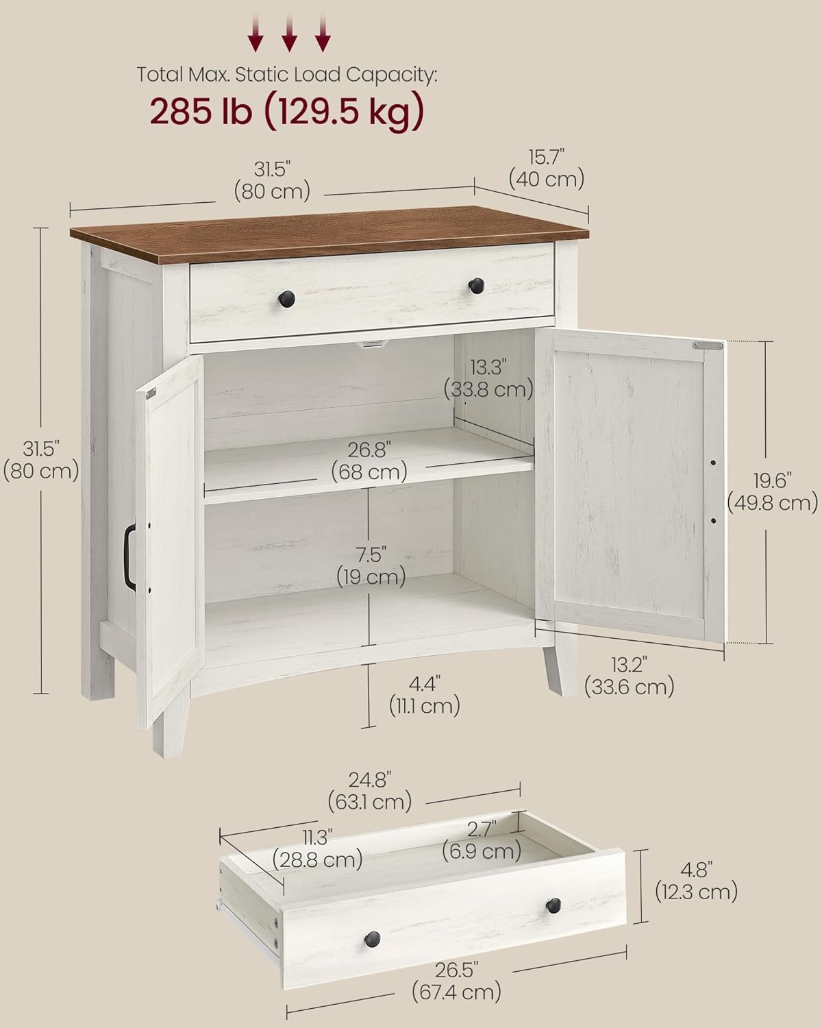 VASAGLE LIRY Collection - Buffet Cabinet, Coffee Bar Cabinet with a Drawer, Adjustable Shelf, Sideboard Storage with Cable Hole, Drawer Divider, Rustic White and Honey Brown UBBK341W01