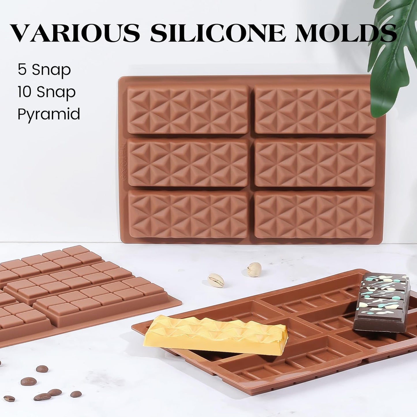2 Pcs Chocolate Bar Mold Deep Dubai Stuffed Silicone Molds for Filling Knafeh Pistachio Chocolate Bar and Wax Melts Rectangle Thick Candy Bar Molds Break Apart (10 Snap）