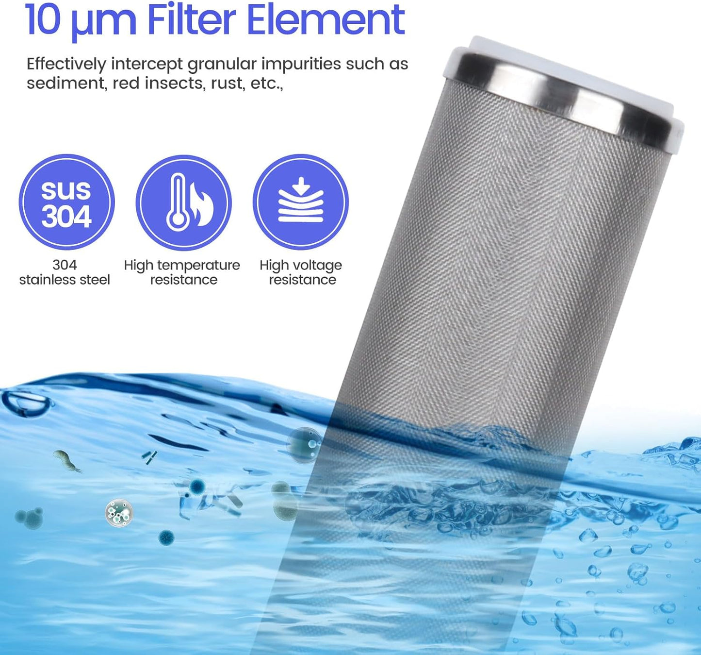 Amwater Stainless Steel Cleanable Wire Mesh Filter Cartridge 10”Length,2.5"OD(10 Micron)