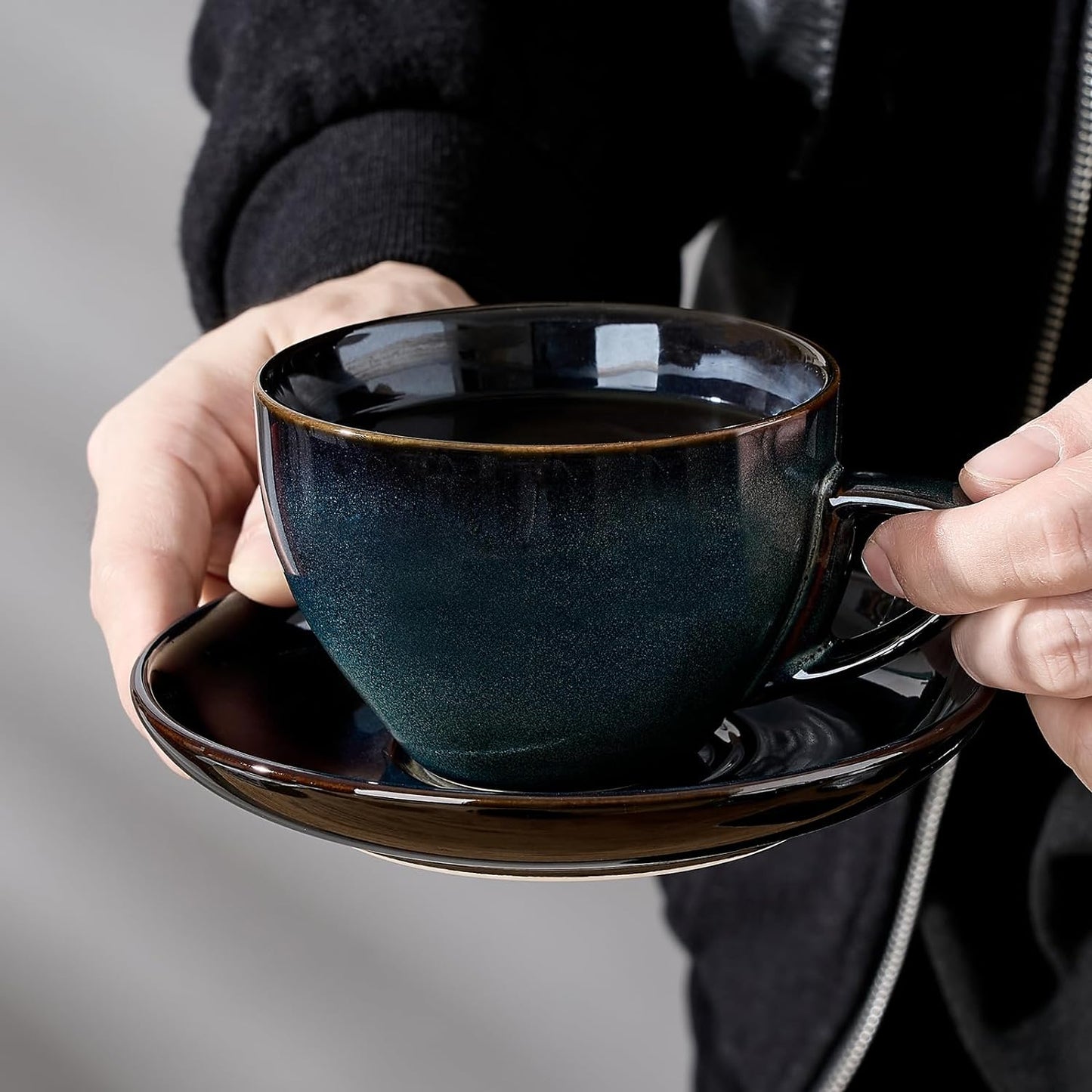 SIDUCAL Espresso Cups Set of 4 [8oz] Porcelain Coffee Cups with Saucers and Holder,Latte Cups- Latte Art Cup - Microwave/Dishwasher Safe,Espresso Demitasse Cups(Blue and Green)
