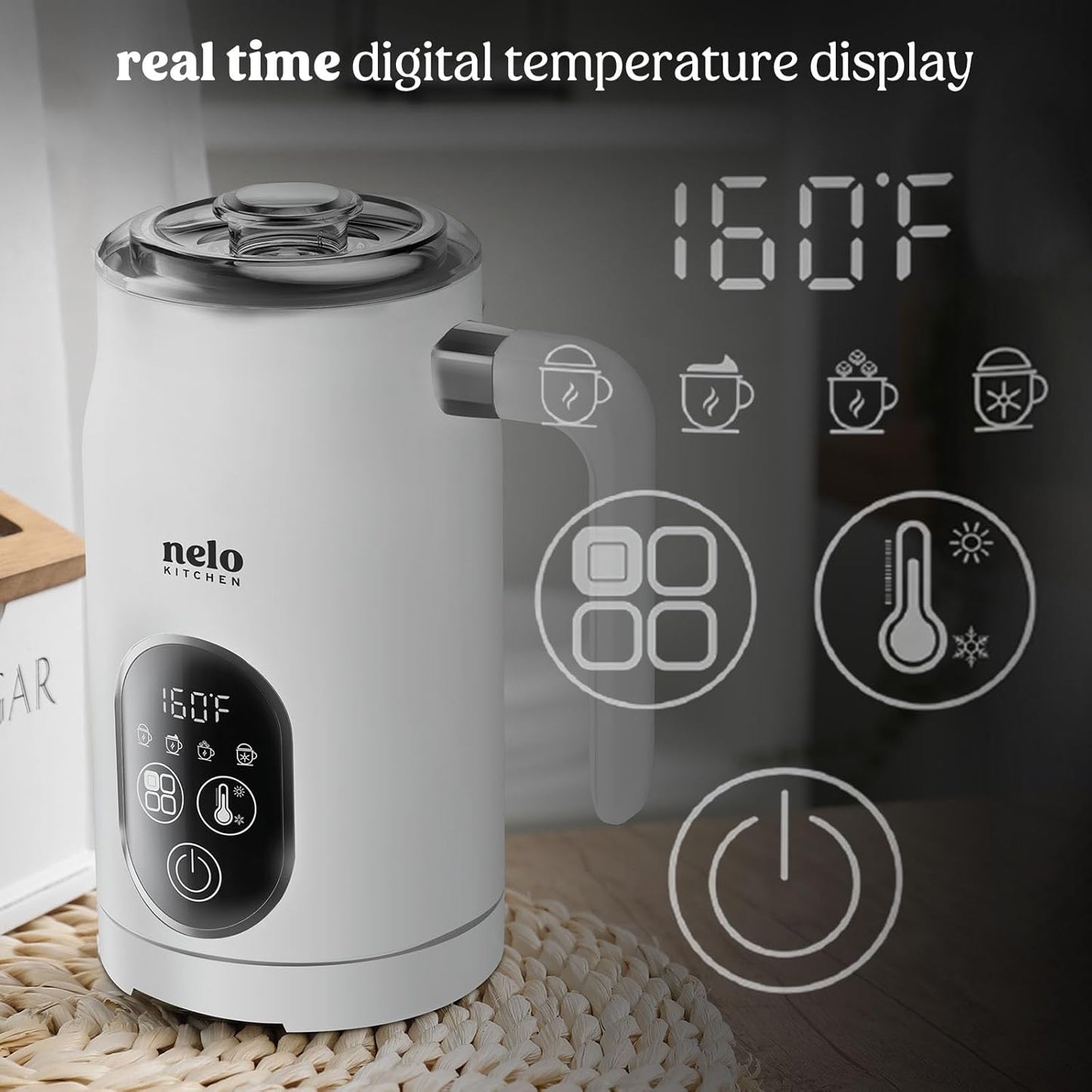 NELO Electric Milk Frother, 4 In 1 Digital Milk Frother and Steamer with Real-Time Temperature Control, Automatic Frother for Coffee, Latte, Hot Chocolate, Cappuccino, BPA Free Stainless Steel (White)