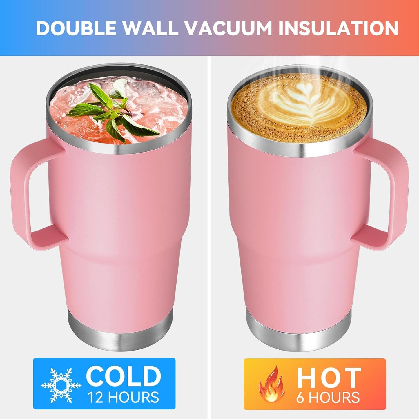 VEGOND 20 oz Tumbler Bulk with Handle Lid and Straw, Stainless Steel Insulated Travel Coffee Mug Set, Spill Proof Double Wall Metal Tumblers Cups, Pink 6 Pack