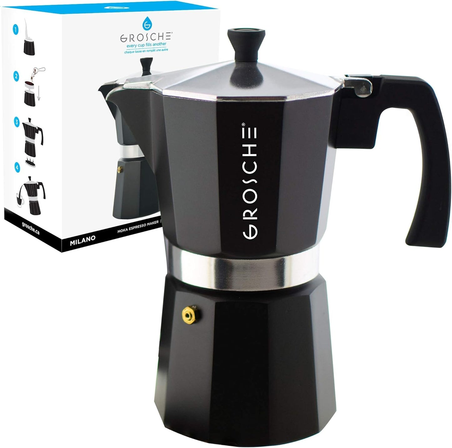 GROSCHE Milano Stovetop Espresso Maker Moka pot 12 espresso Cup - 23.6 fl oz, Black, Cuban Coffee Maker Stove top coffee maker Moka Italian espresso greca coffee maker brewer percolator
