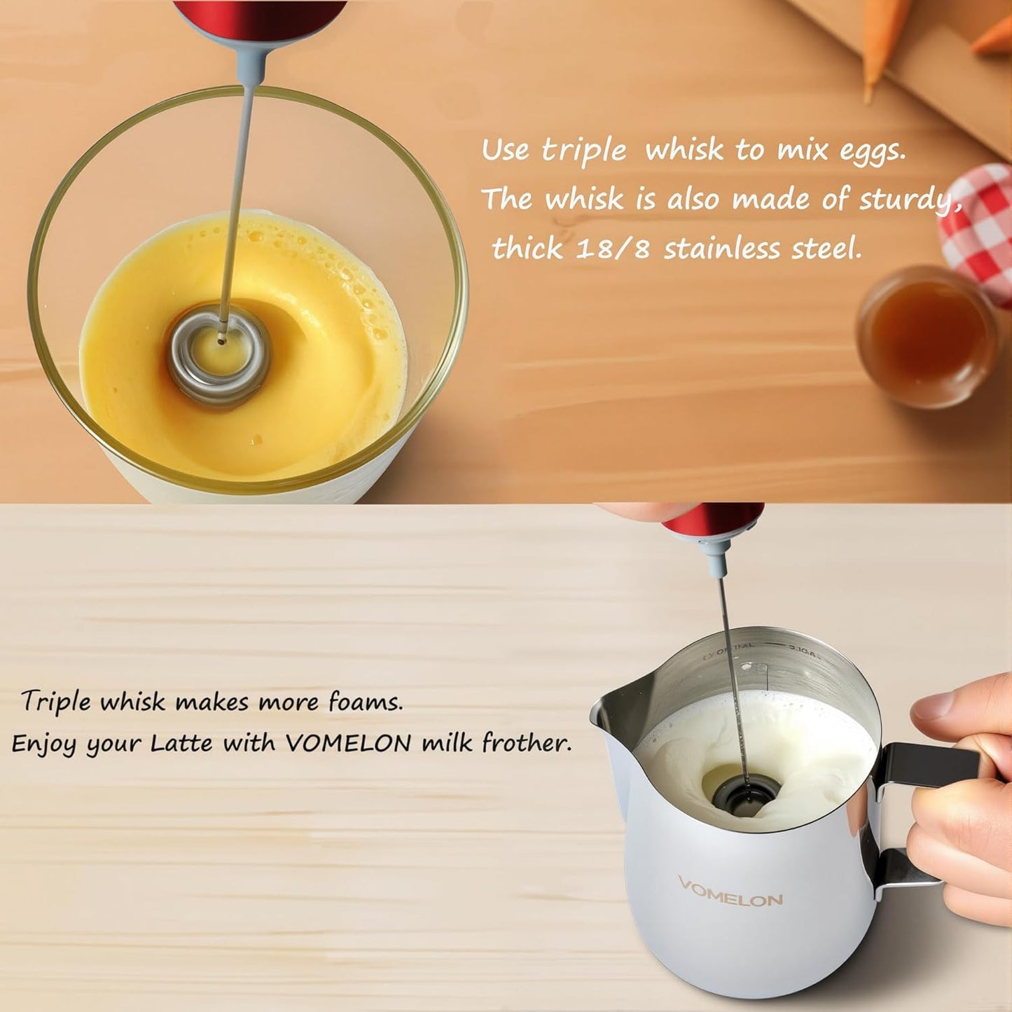 Milk Frother Handheld, Battery Operated Coffee Foamer Drink Mixer with 2 Stainless Steel Electric Whisks for Coffee, Latte, Cappuccino, Hot Chocolate, Protein， Batteries Included, Ruby Red