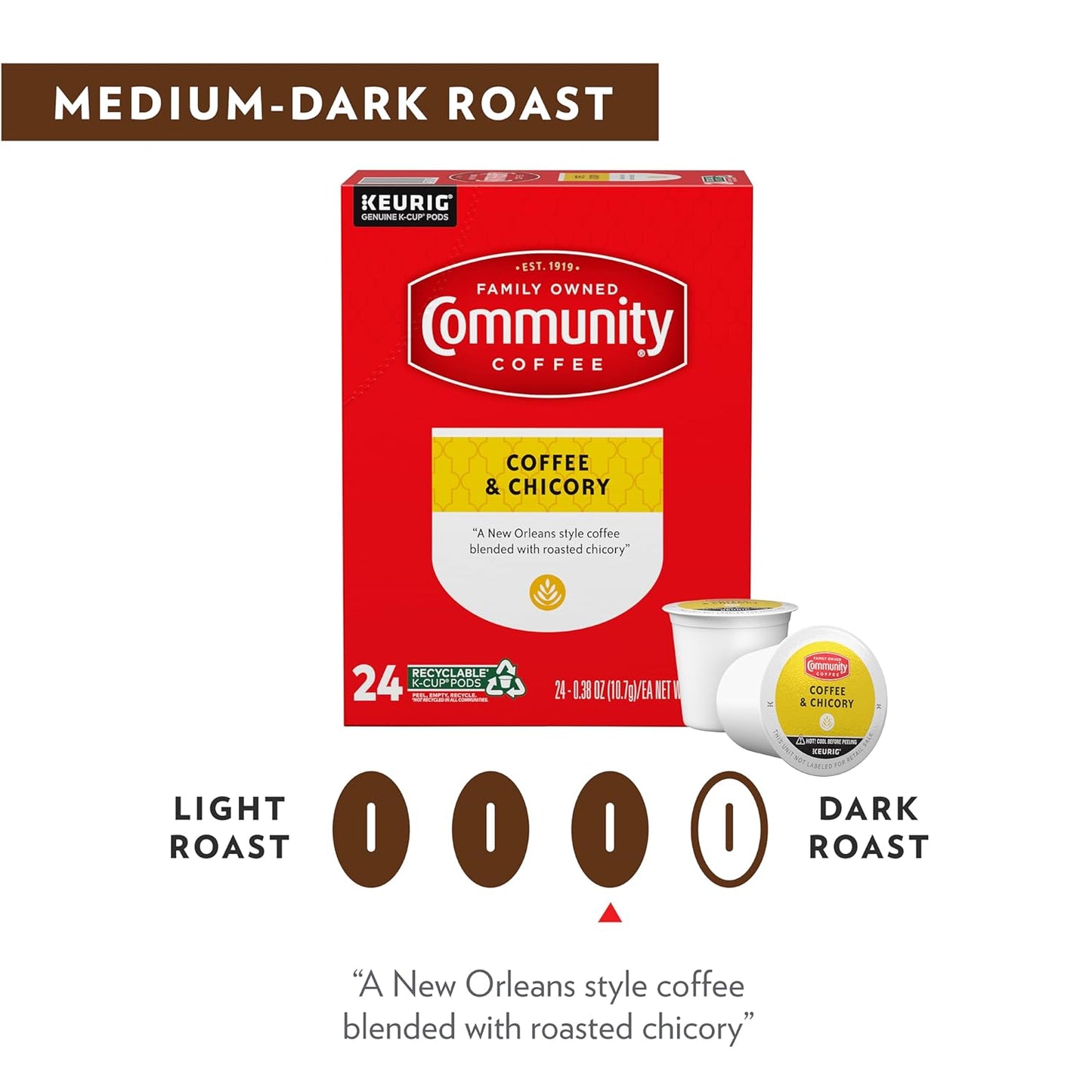 Community Coffee Coffee & Chicory 96 Count Coffee Pods, Medium-Dark Roast, Compatible with Keurig 2.0 K-Cup Brewers 24 Count (Pack of 4)
