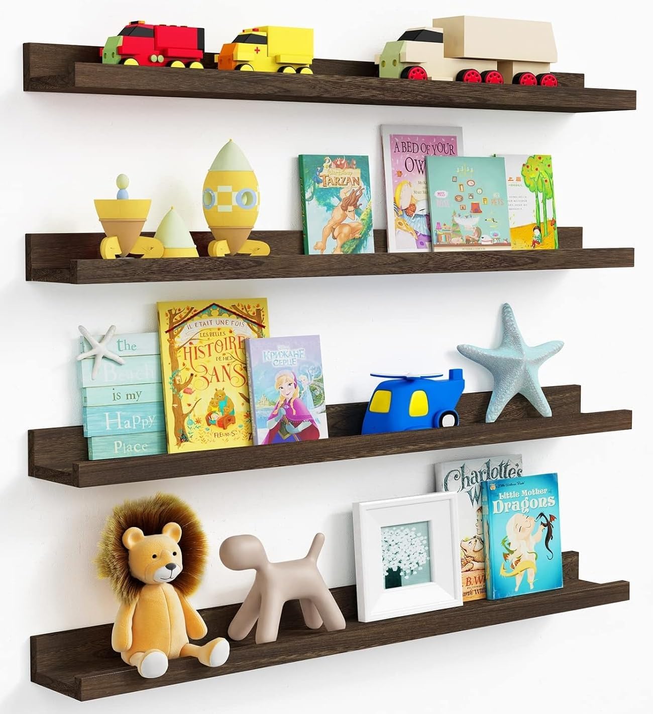 Forbena 36 Inch Long Picture Ledge Shelf, Wooden Floating Shelves for Wall with Lip, Dark Brown Wall Mounted Bookshelf Bookshelves for Living Room Bedroom Office Books Photos (Real Wood, Set of 4)