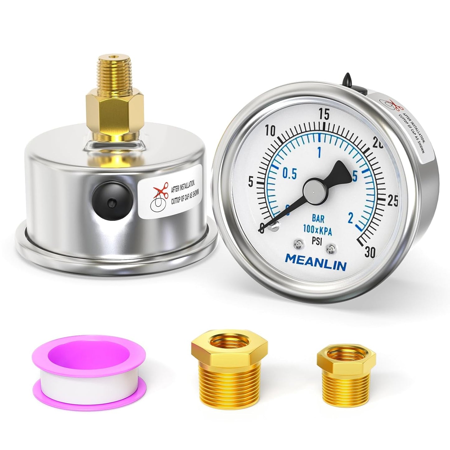 MEANLIN MEASURE 0~30Psi Dry Low Pressure Gauge Stainless Steel 1/8" NPT 2" FACE DIAL Waterproof for Pool Sand Filter Water Oil Air Pressure Test Back Mount, with 1/4" NPT and 3/8" NPT Hex Bushing