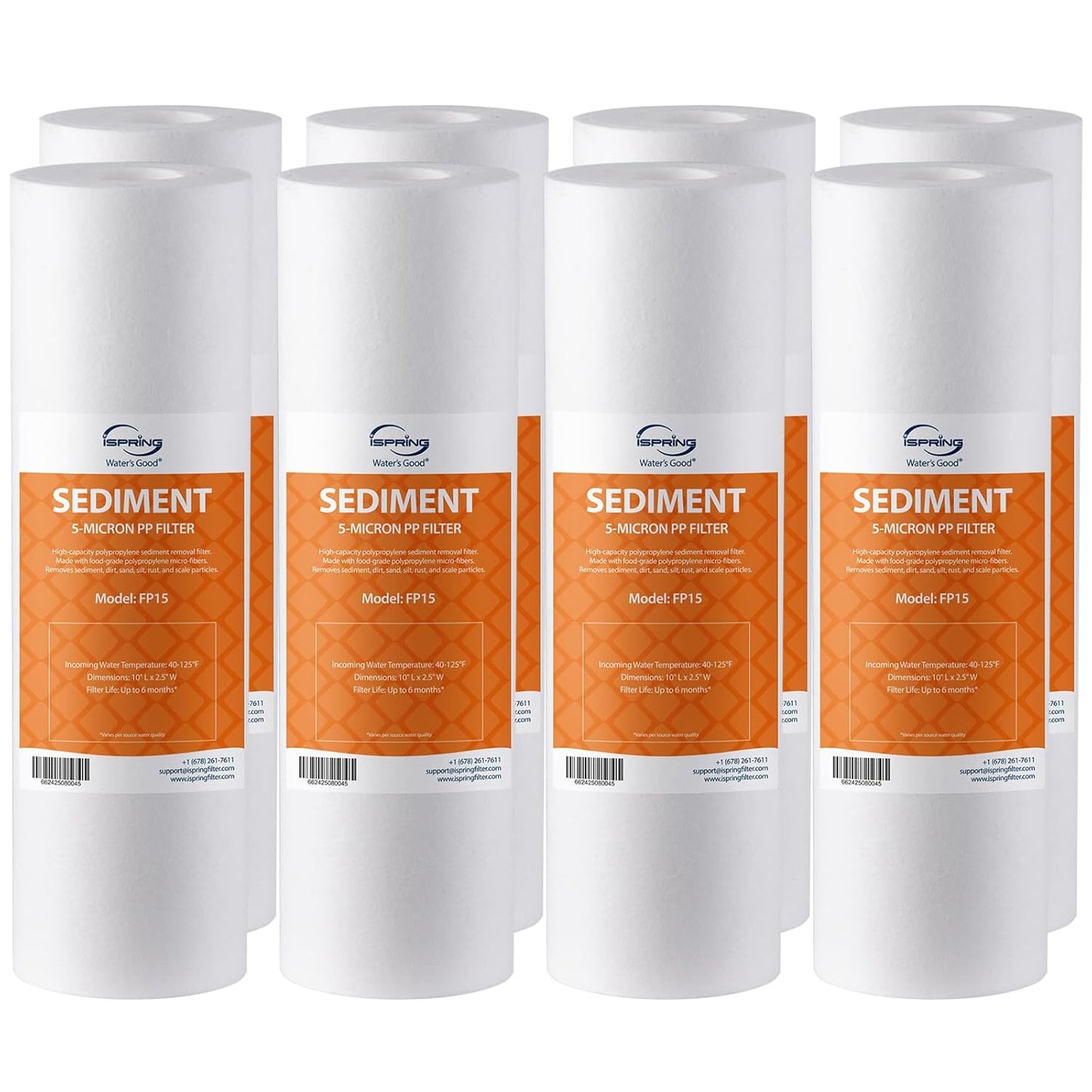 iSpring FP15X8 NSF Certified 10"x2.5" Multi-Layer PP Universal Sediment Filter Cartridges 5 Micron 8-Pack