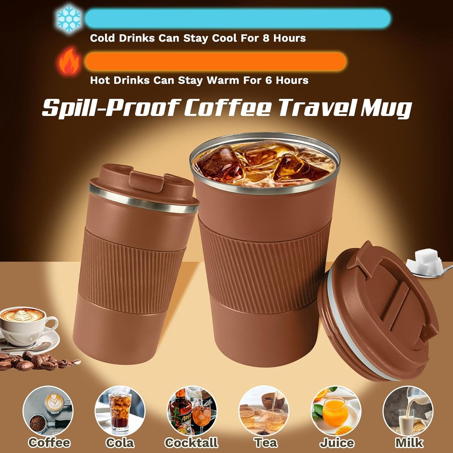 Vacuum-Insulated Stainless Steel Travel Coffee Mug, Leak-Proof Reusable Coffee Cup with Lid - Keep Hot & Cold Drinks for Hours, Durable Thermos Tumbler for Men & Women (3rd-Light Coffee, 12OZ)