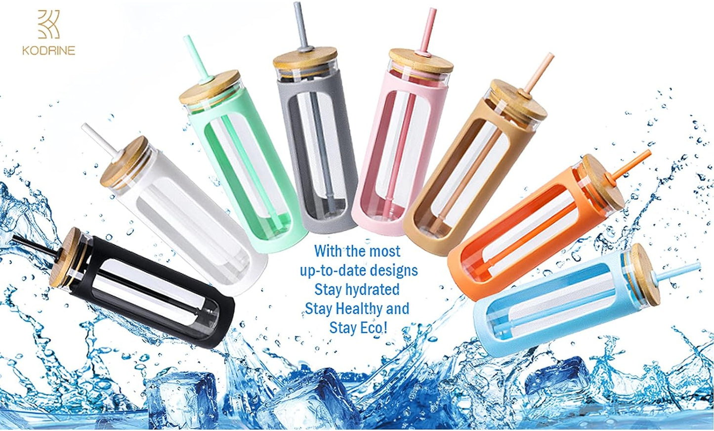 Kodrine 20oz Glass Water Tumbler with Straw and Lid, Bamboo Lids Water Bottle, Iced Coffee Cup Reusable, Wide Mouth Smoothie Cups with Protective Silicone Sleeve BPA FREE-Orange