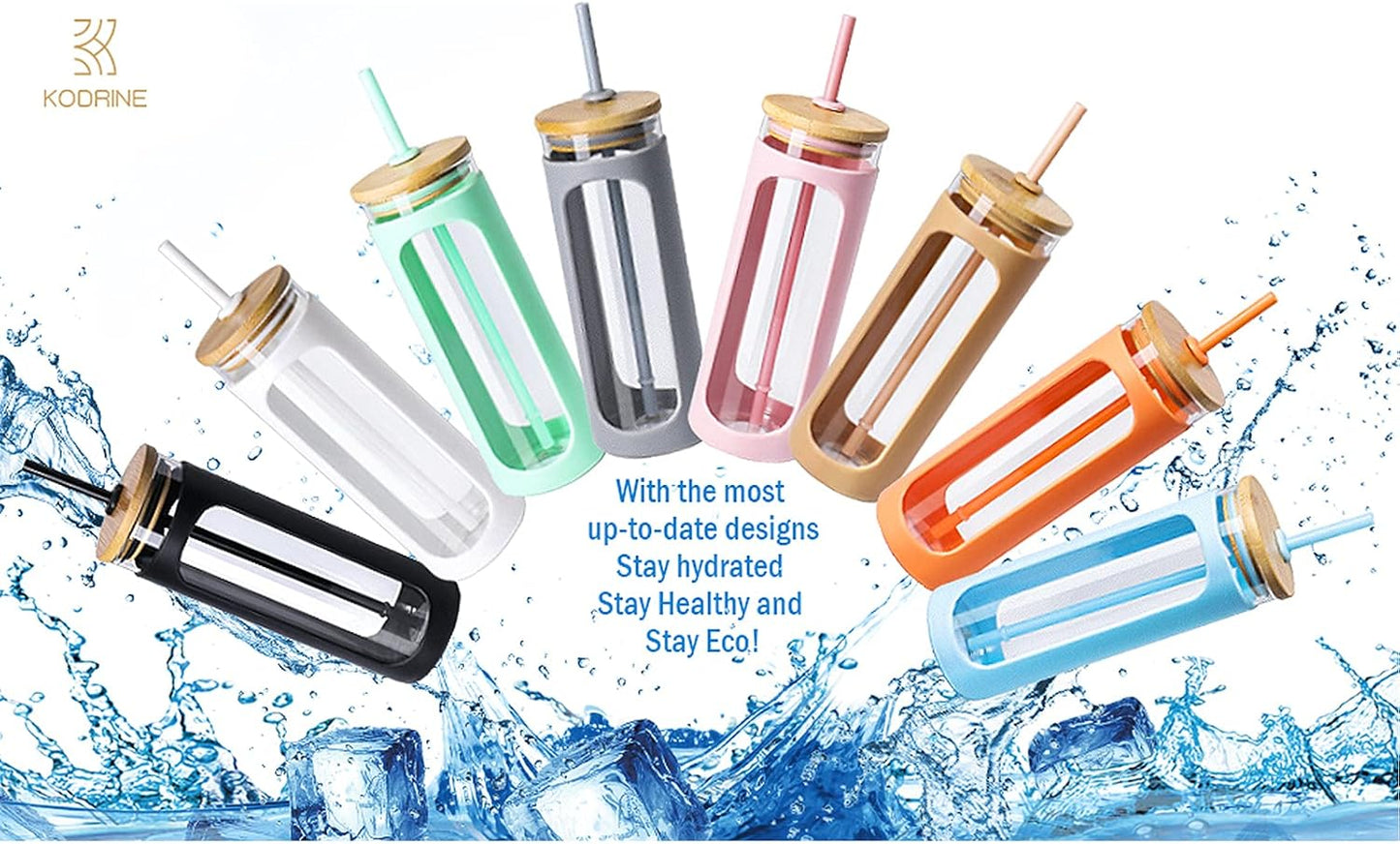 Kodrine 20oz Glass Tumbler with Straw and Lid, Bamboo Lids Water Bottle, Reusable Iced Coffee Cups, Wide Mouth Smoothie Cup with Protective Silicone Sleeve BPA FREE-Amber-2pack