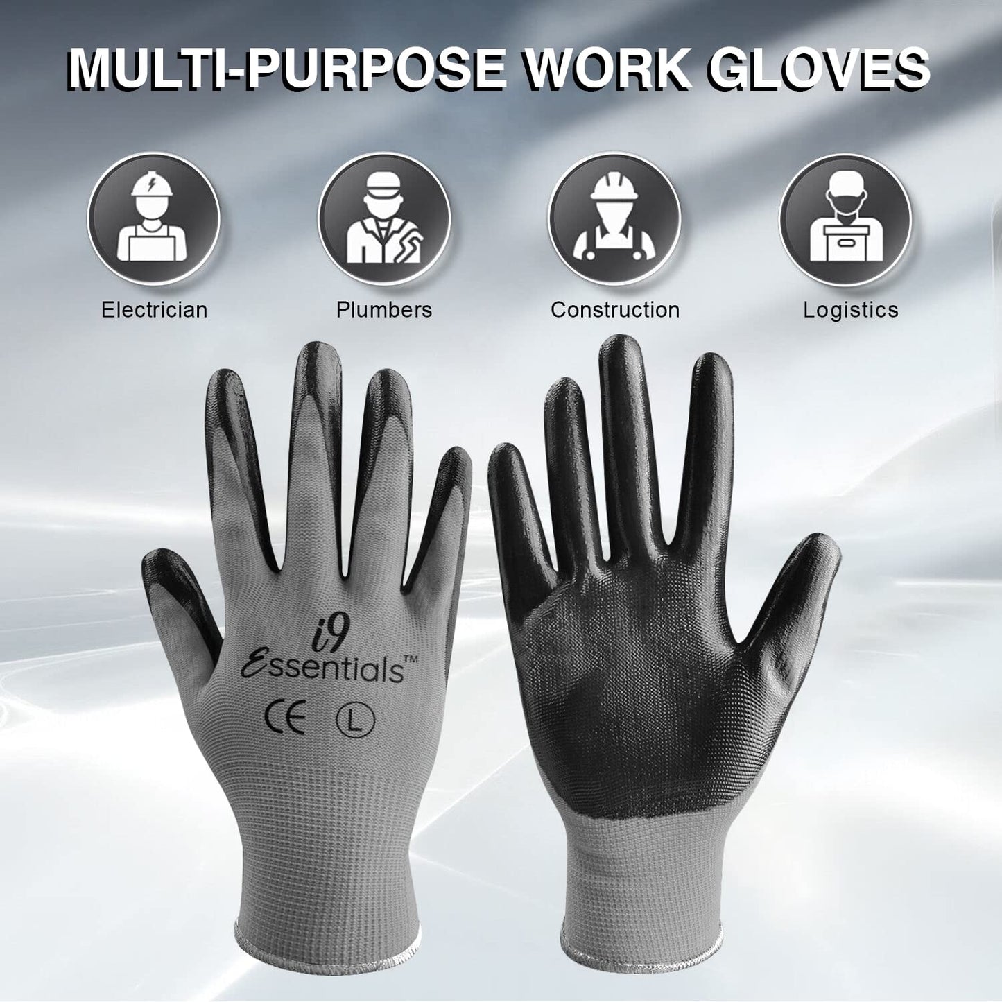 I9 Essentials Seamless Nitrile Coated Work Gloves, Large 6 Pairs, Black & Grey – Washable Grip for Construction, Gardening, Woodworking