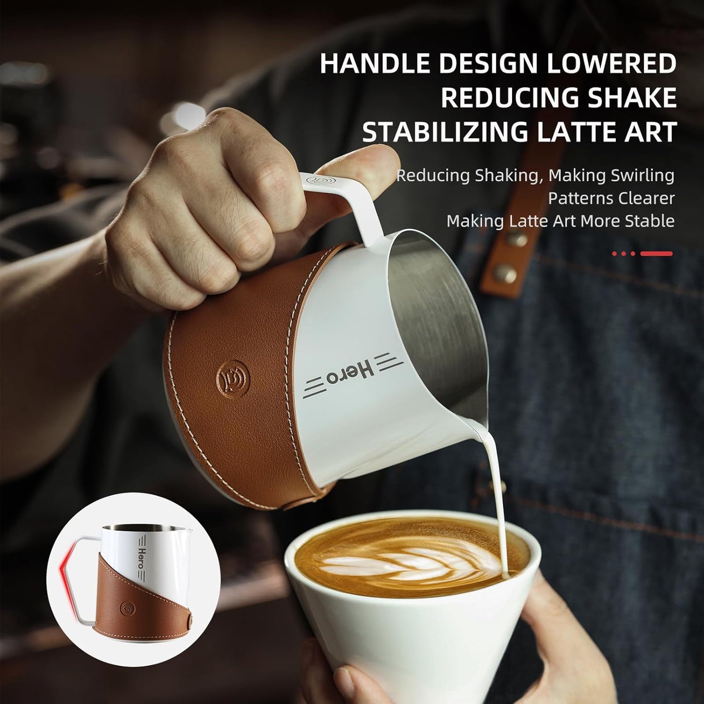 Milk Frothing Pitcher 450ml/16oz 304 Stainless Steel Espresso Steaming Pitcher with PU Leather, Milk Frothing Jug,milk frother cup,Milk Jug Cup,Premium Barista Tools,Latte Art (WHITE,16oz)