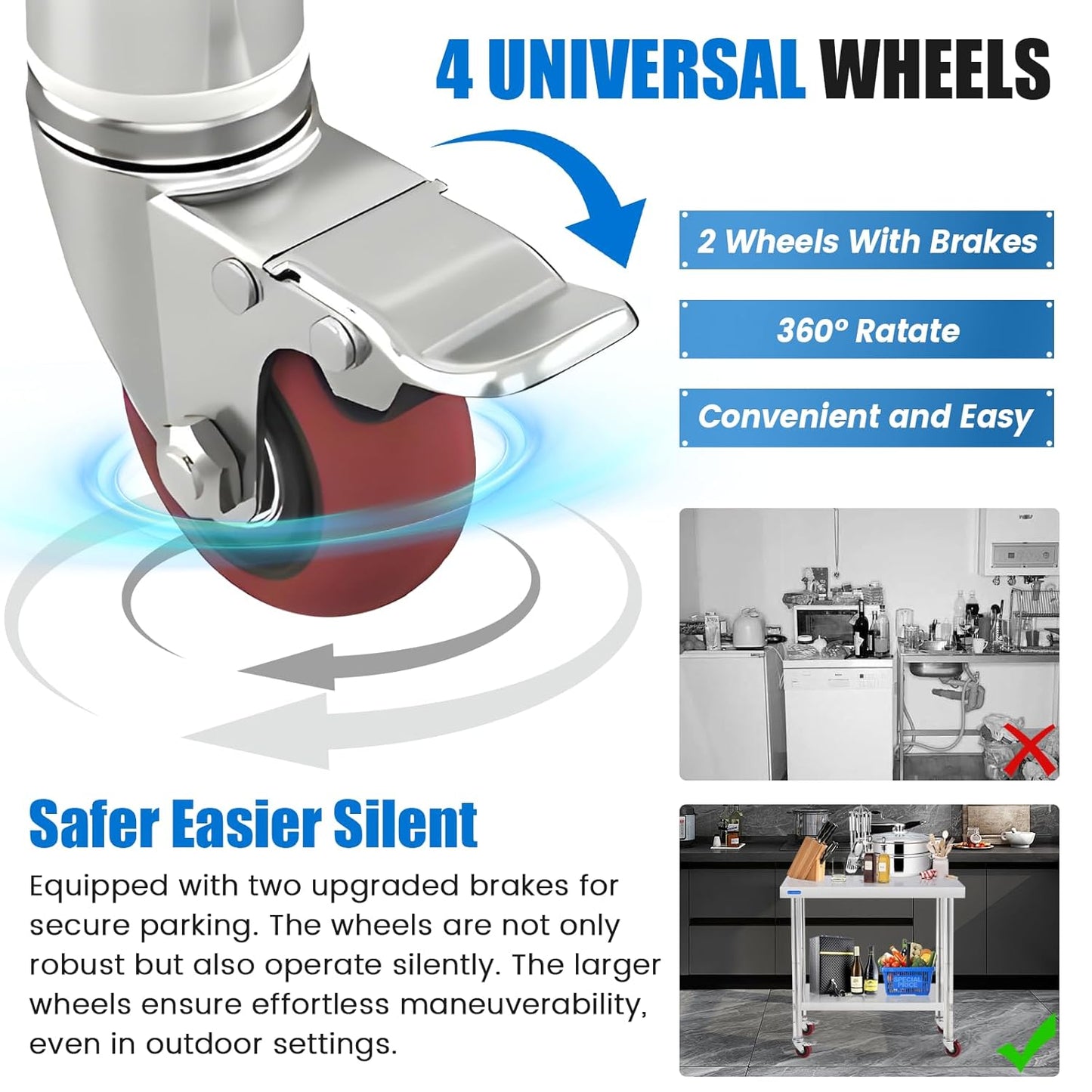 Stainless Steel Table for Prep & Work with 4 Caster Wheels with Undershelf 24 x 36 NSF Metal Commercial Kitchen Adjustable Undershelf Worktable for Restaurant Home Outdoor