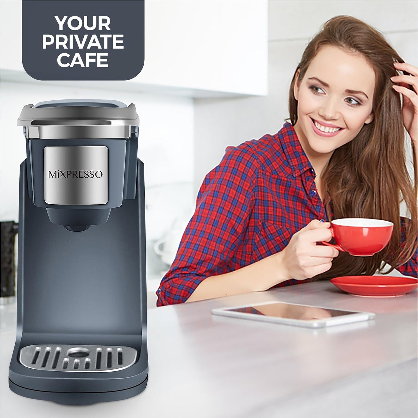 Mixpresso Single Cup Coffee Brewer - Quick Brew, One Touch Function, 12oz One Cup Grey Coffee Maker