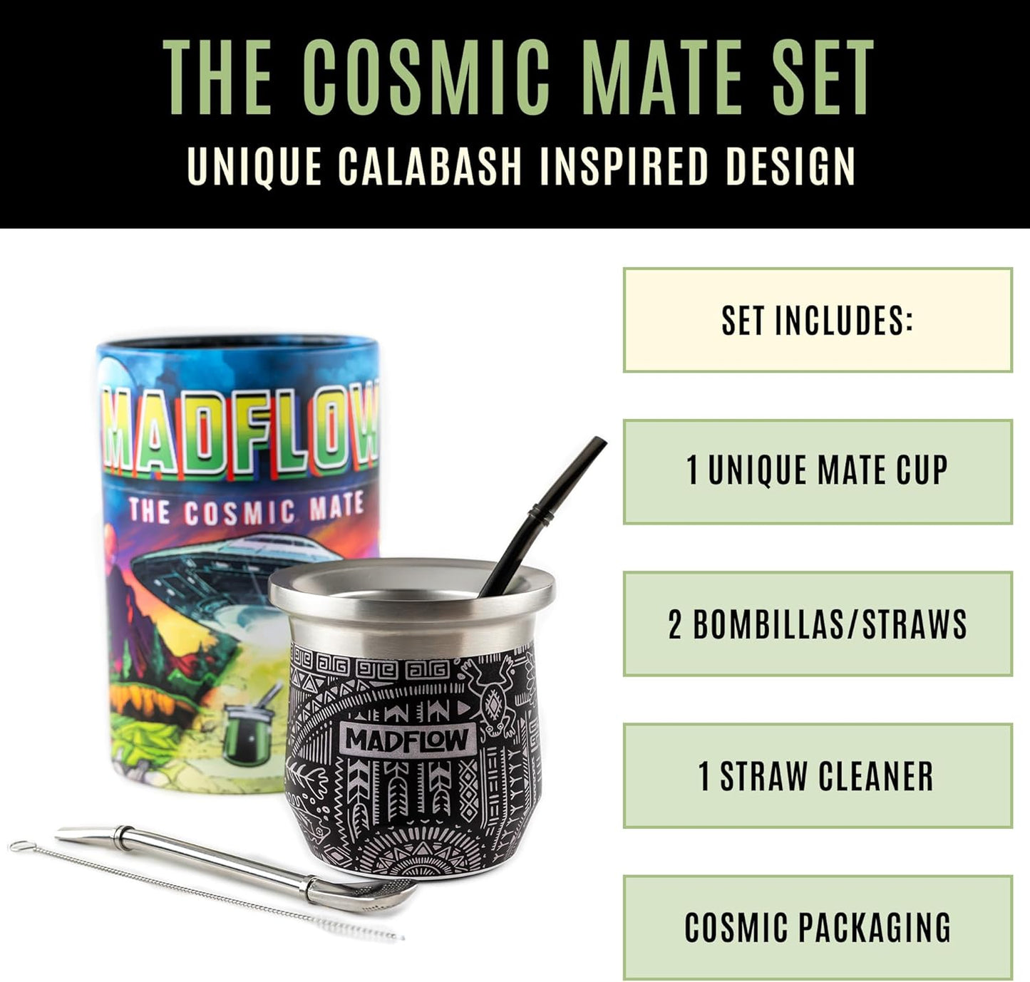 MADFLOW Yerba Mate Cup. Stainless Steel Mate Cup with 2 Bombillas. Double Wall Vacuum Insulated Yerba Mate Gourd. Unique Mate Cup And Bombilla Set