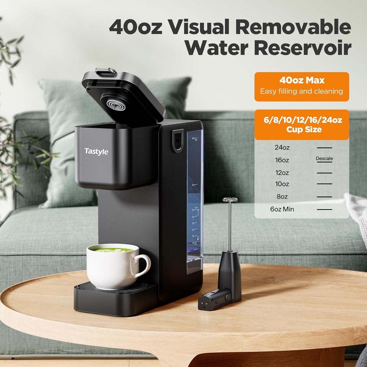 Single Serve Coffee Maker with Built-in Detachable Milk Frother, Iced and Hot Coffee Machine for K Cup & Grounds, 40oz Removable Water Reservoir, 6 Cup Sizes, Fits 7.3" Travel Mug, Black