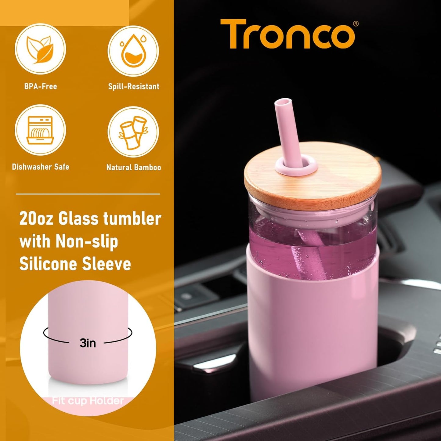 Tronco 20oz Glass Tumbler Glass Water Bottle Straw Silicone Protective Sleeve Bamboo Lid - BPA Free (French Grey/ 1 Pack)