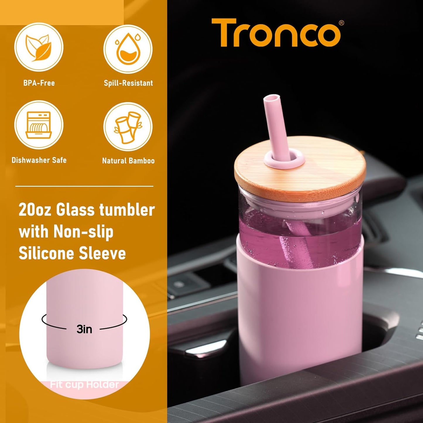 Tronco 20 oz Glass Tumbler with Lid and Straw, Reusable Iced Coffee Cup with Silicone Sleeve & Bamboo Lid, Smoothie Cup for Home, Office, for Father Men Day Gift from Wife Daughter Son (Blue Horizon)