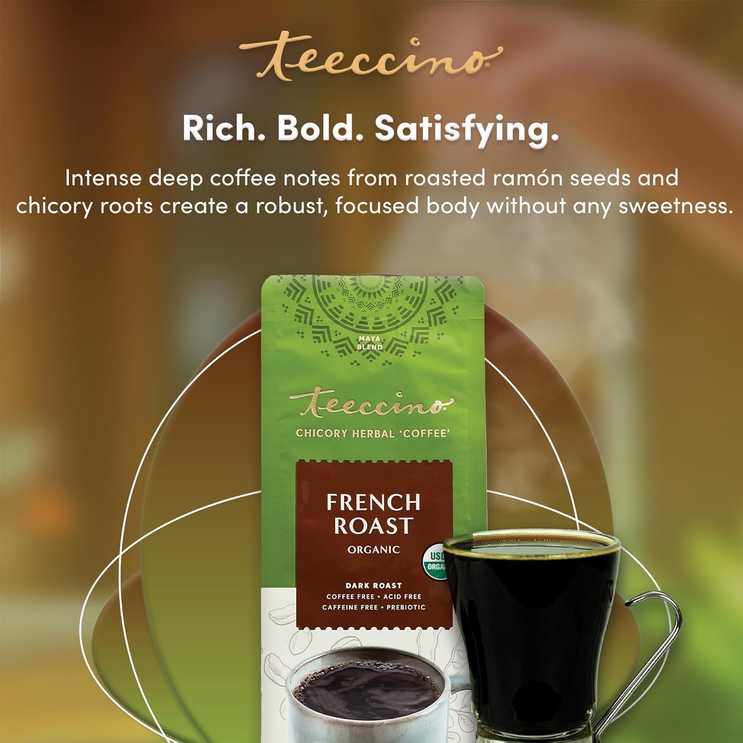 Teeccino French Roast Chicory Coffee Alternative - Ground Herbal Coffee That’s Prebiotic, Caffeine-Free & Acid Free, Dark Roast, 11 Ounce (Pack of 6)
