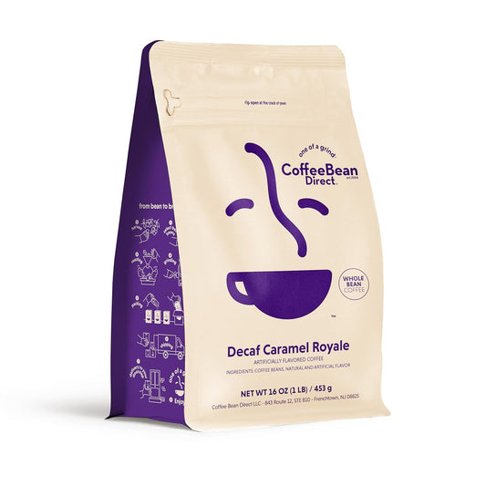 Coffee Bean Direct Decaf Caramel Royale Flavored, Whole Bean Coffee, 1 Pound Bag