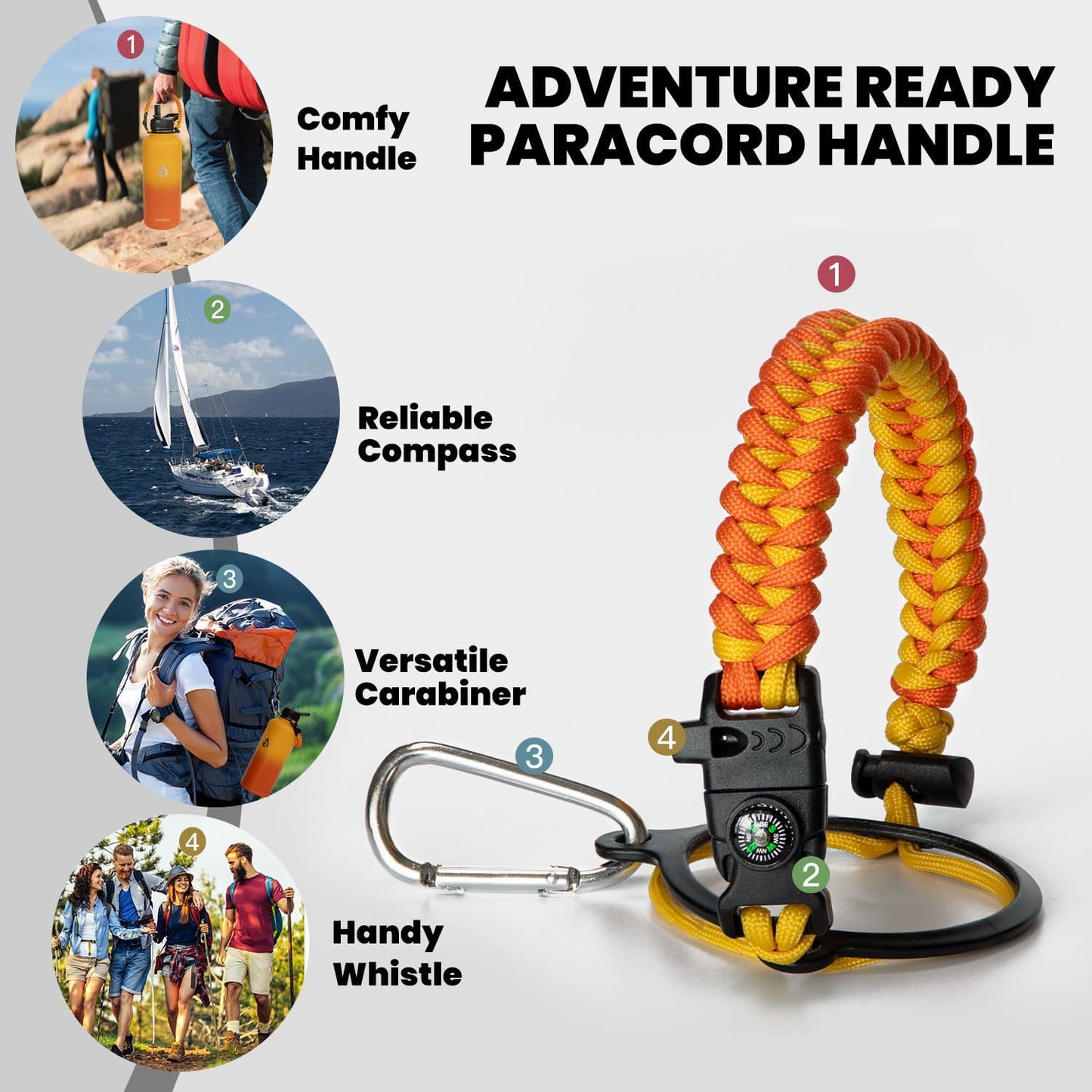 Insulated Water Bottle 87 oz, Triple Wall Vacuum Stainless Steel (Cold for 48 Hrs), Leak Proof & Non-BPA, Modern Water Flask Jug with Paracord Handle & Straw Spout Lids, Ombre Orange