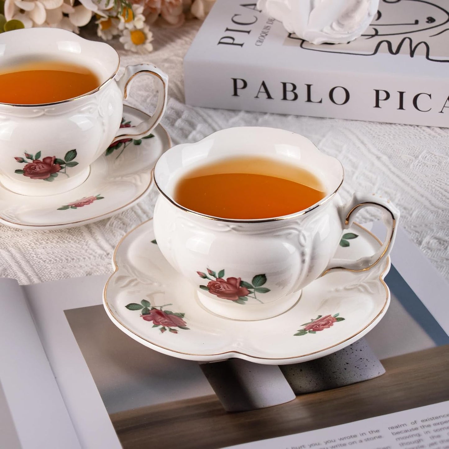 KAMMAK Tea Cups and Saucers Set of 2, Porcelain Coffee Cups, 6.8-Ounce Stackable Espresso Mugs, Ceramic Demitasse for Coffee, Latte, Americano, Tea, Baroque Rose