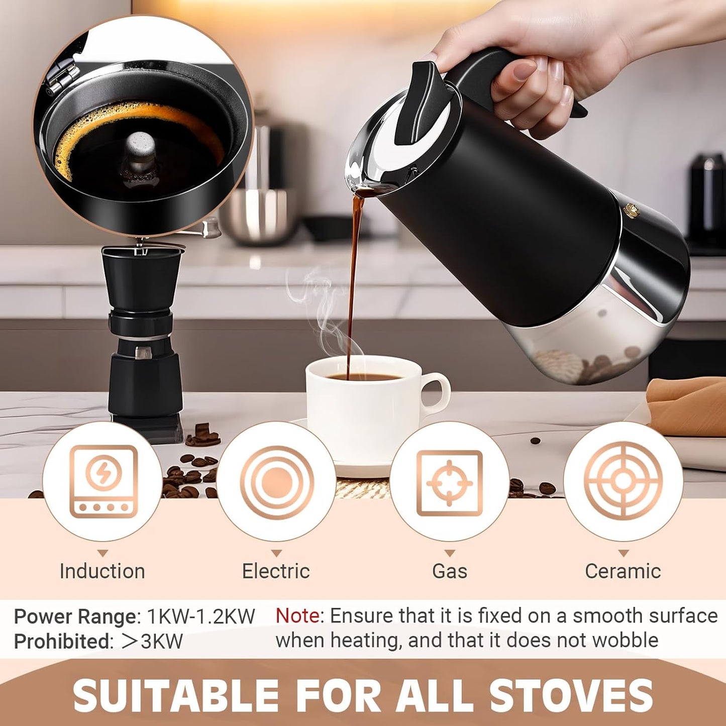 Moka Pot, 9 Cups (15.9 oz) Stovetop Espresso Maker, 304 Stainless Steel Moka Pot, Induction Compatible, Black