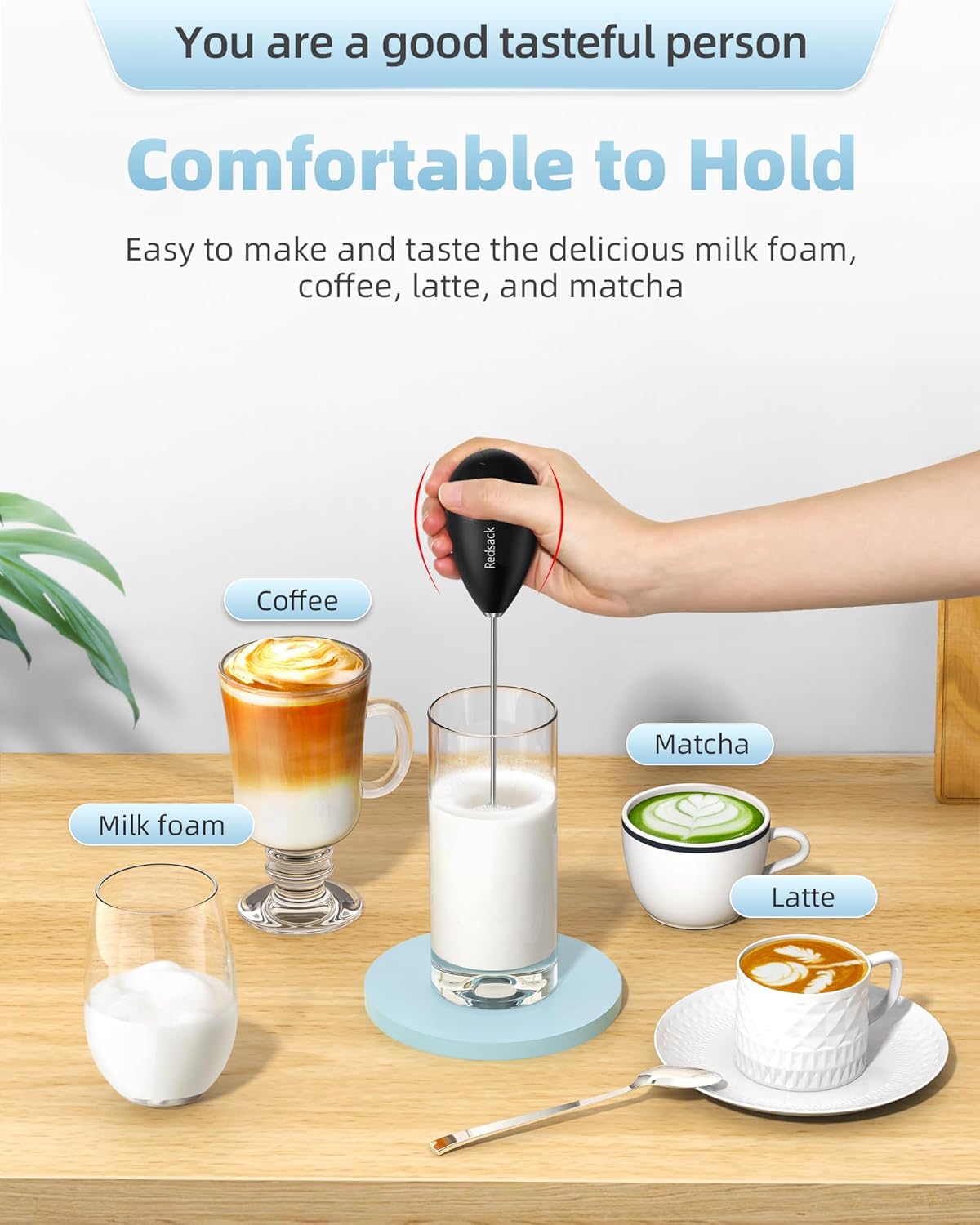 Rechargeable Milk Frother Handheld, Travel Portable Frother Wand for Coffee, USB C Electric Whisk with Stand & Case, Waterproof Hand Drink Mixer for Lattes, Cappuccino, Matcha, Egg (Black)