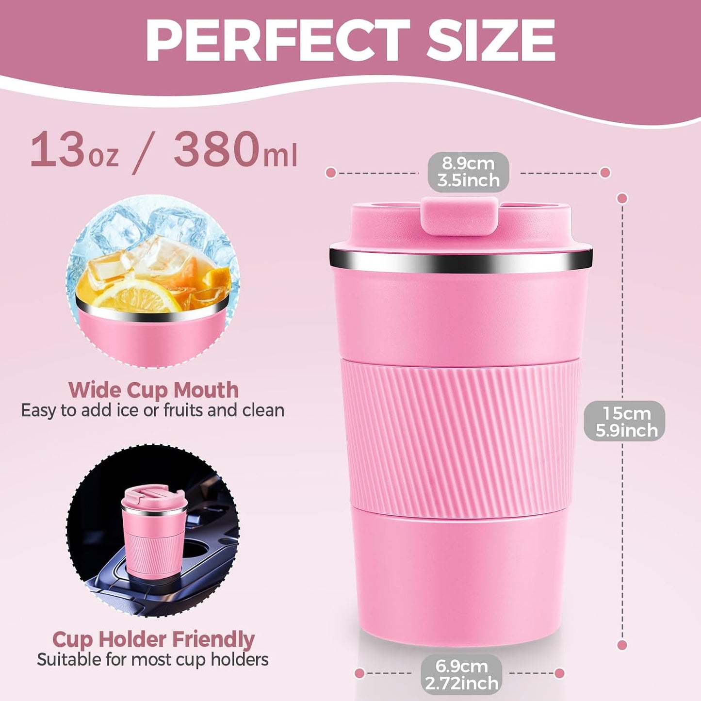 Volhoply 13 oz Stainless Steel Insulated Travel Coffee Mug with Fip Lid Bulk 2 Pack,Reusable Double Wall Vacuum Metal Coffee Cup,Portable Leak Proof Thermal Tumbler for Hot & Cold Drinks(Pink,2)