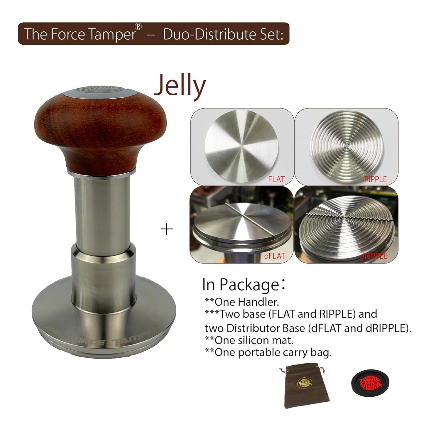 The Force Tamper Automatic Impact Adjustable Constant Pressure and Autoleveling Coffee Tamper Reddish Brown Jellyfish Wooden Handle Set Pro (Duo-Distribute Set, 54.00mm)