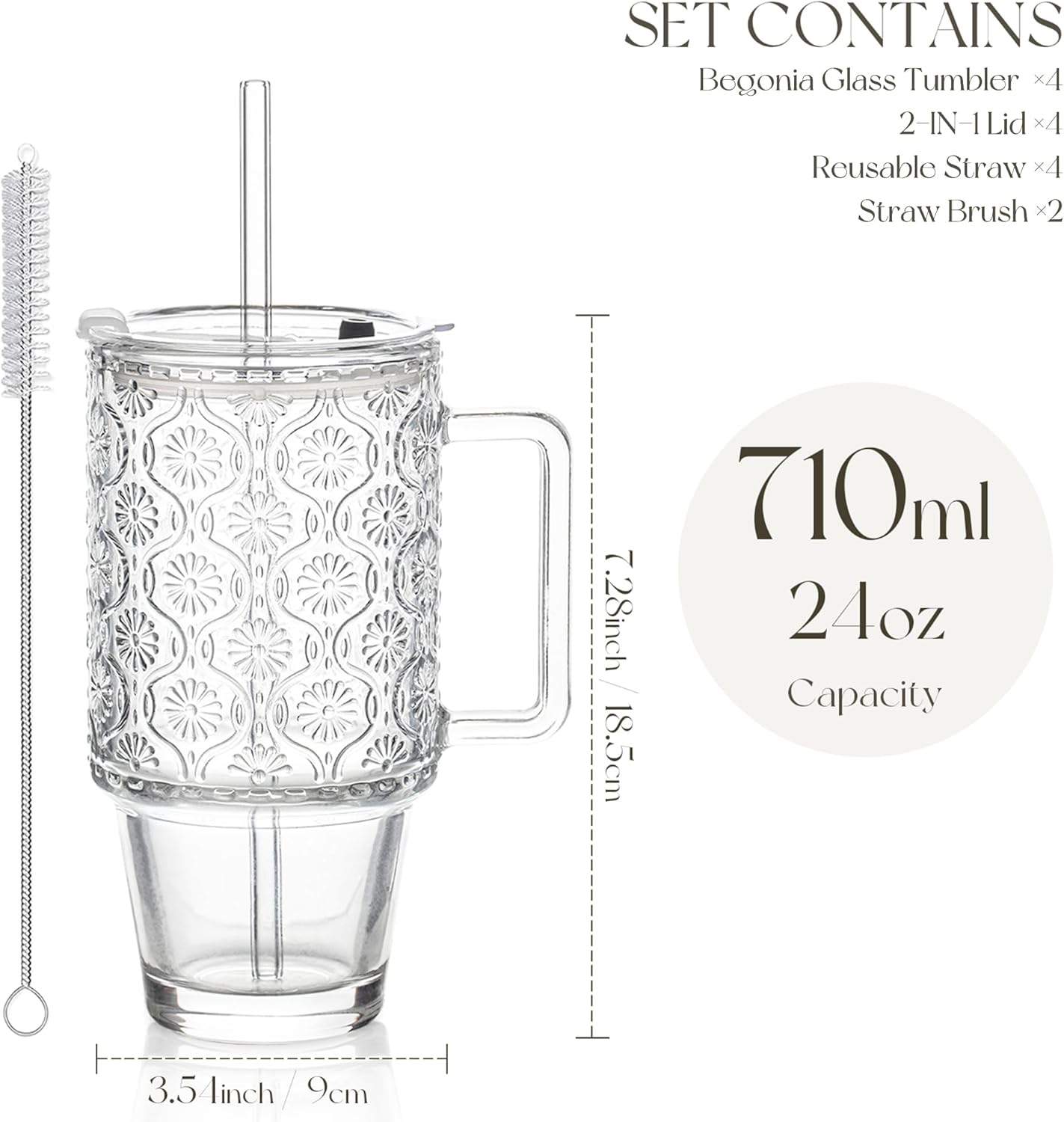 KEMORELA 4-Pack 24 Oz Glass Tumblers with Straws and Lids, Iced Coffee Cups with Begonia Floral Pattern, Smoothie Cups with Handles, Reusable Cold Drinkware, Glass Tumblers for Beverages