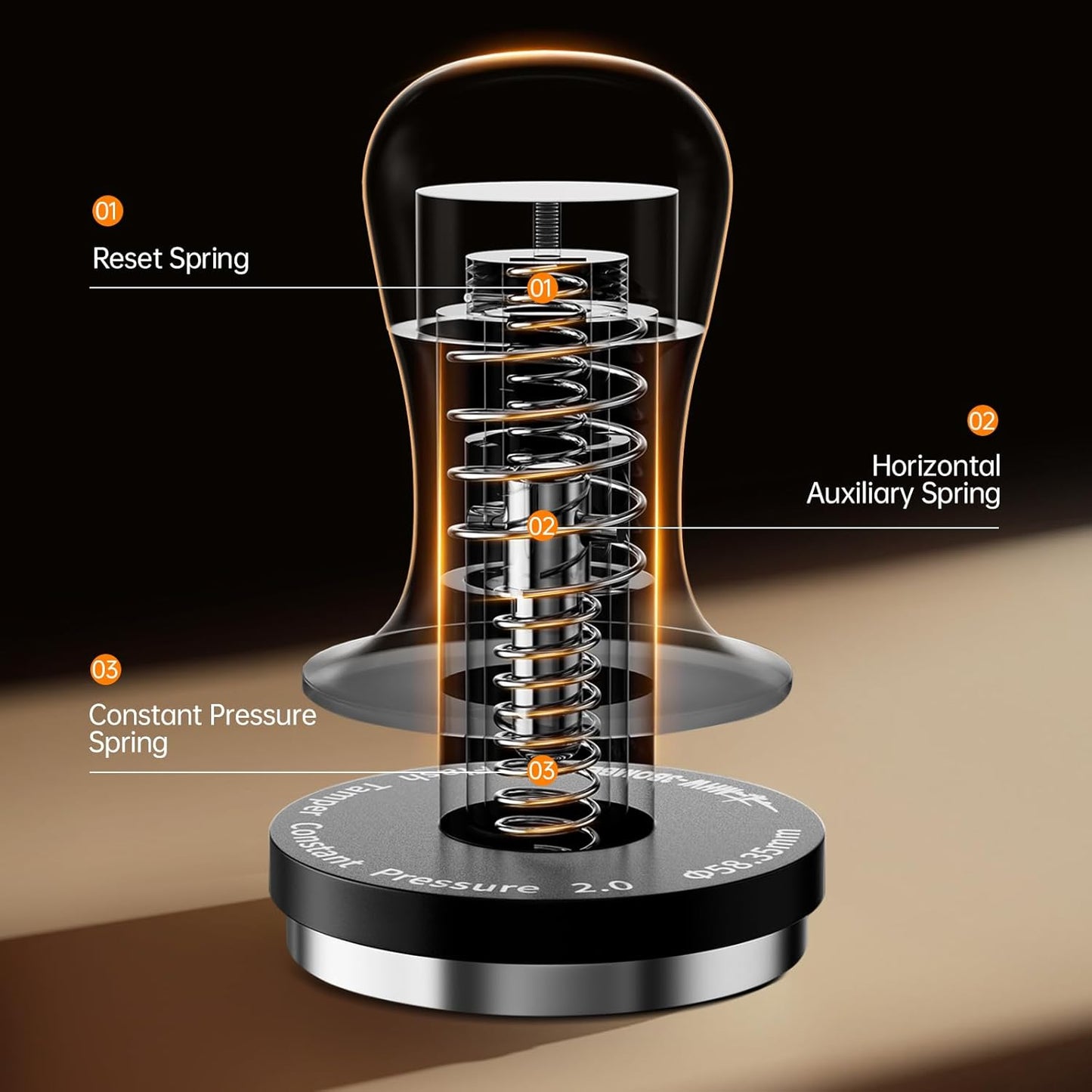 MHW-3BOMBER 58mm Espresso Coffee Tamper with Three Spring Loaded Calibrated Tamper 30lbs Espresso Hand Tamper with Sound Feedback Titanium Coating Black T6176T-OS