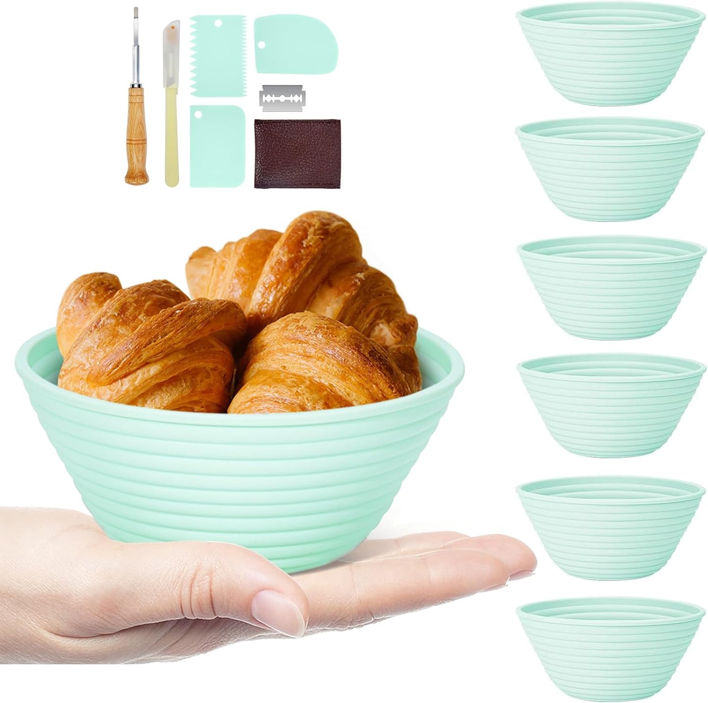 Silicone Banneton, Sourdough Bread Baskets (Set of 6, 5 Inch), Round Proofing Bread Bowls with Starter Kit, Bread Making Baking Supplies