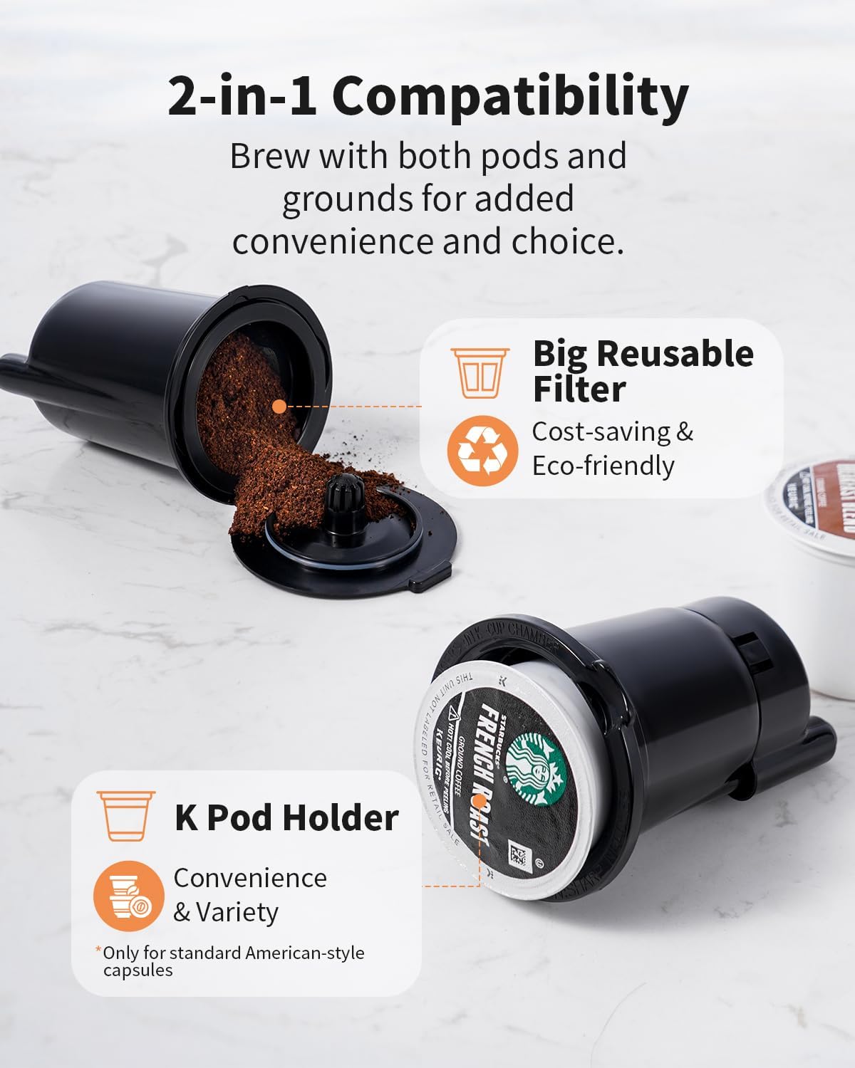 Hot & Iced Coffee Maker with Bold Setting, Single Serve Coffee Maker for K Cup and Grounds, 6-14 Oz Brew Sizes, 50 Oz Removable Water Tank, One Cup Coffee Machine with Reusable Filter, White