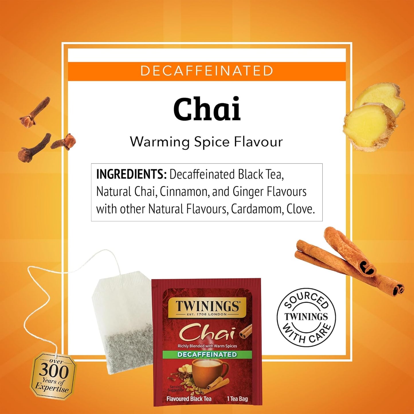 Twinings Decaffeinated Chai Individually Wrapped Bags, 20 Count (Pack of 6), Sweet, Savoury Spices, Enjoy Hot or Iced, 120 Teabags