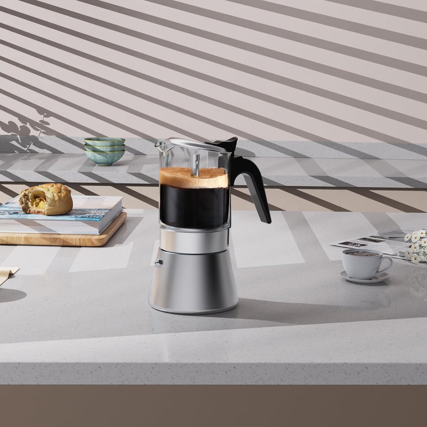 Moka Induction Stovetop Espresso Maker,Crystal Glass-top & Stainless Steel Espresso Moka Pot,Classic Italian coffee maker,240ml(6cup)