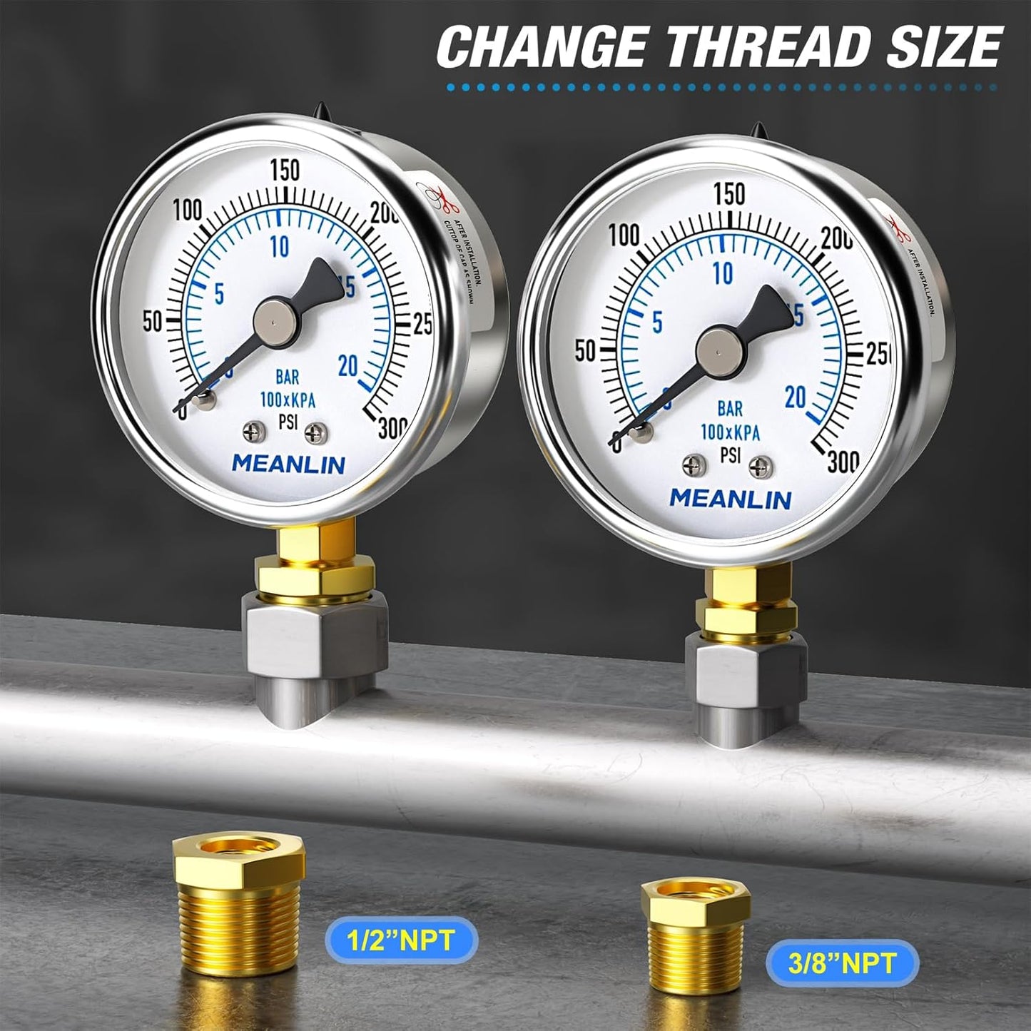 MEANLIN MEASURE 0~300Psi Dry Pressure Gauge Stainless Steel 1/4" NPT 2" FACE DIAL Waterproof for Air Compressor Air Regulator Water Filter Lower Mount, with 1/2" NPT and 3/8" NPT Hex Bushing
