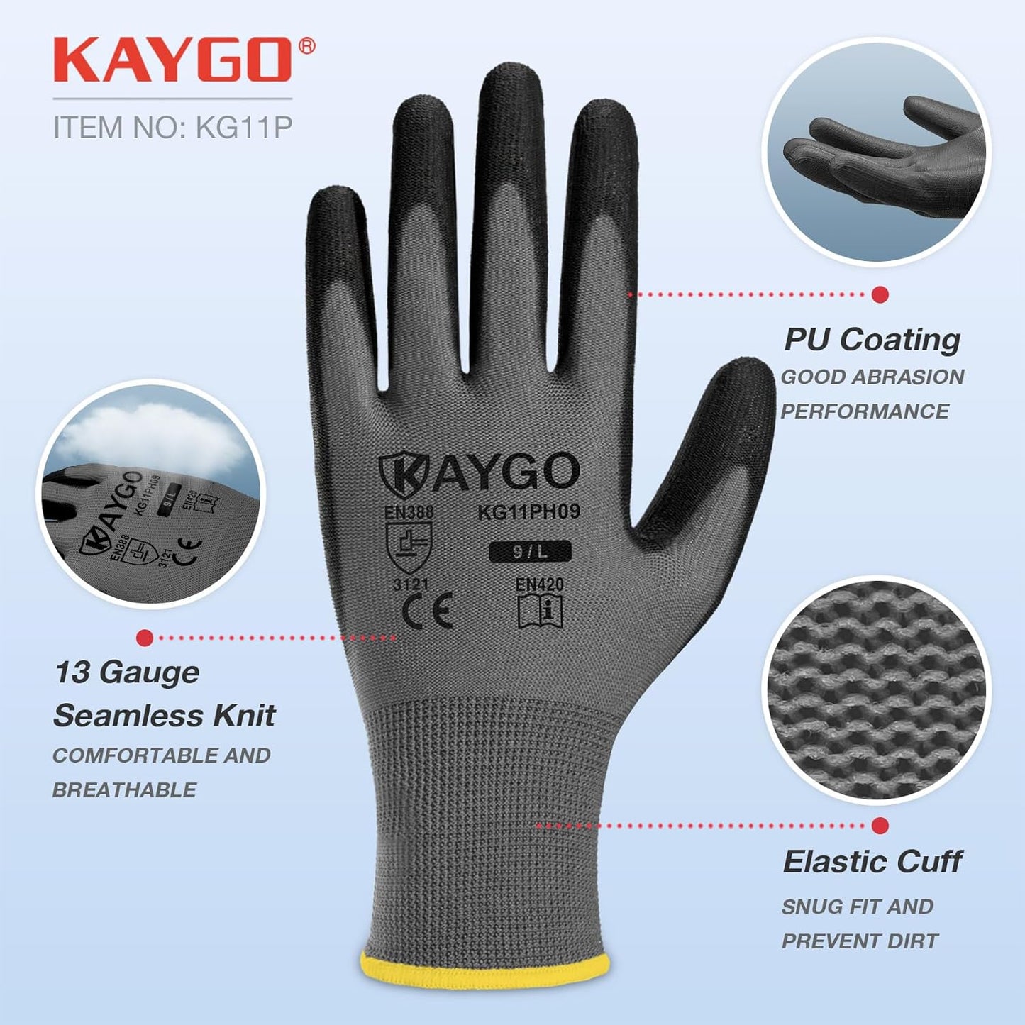 KAYGO Safety Work Gloves PU Coated, 60 Pairs KG11PB, Seamless Knit Glove with Polyurethane Coated Smooth Grip on Palm & Fingers, for Men and Women (Large, Gray)