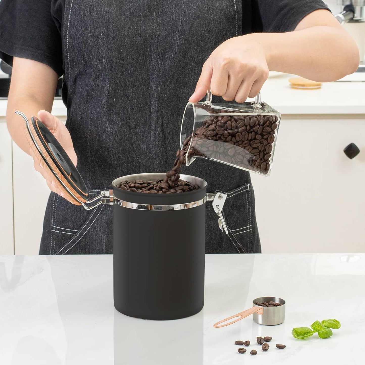 TEDSWAIT Coffee Canisters Airtight Coffee Bean Storage Container Kitchen Stainless Steel Food Storage Container with Scoop Date Tracker & CO2 Valve 61Fl Oz (Black)
