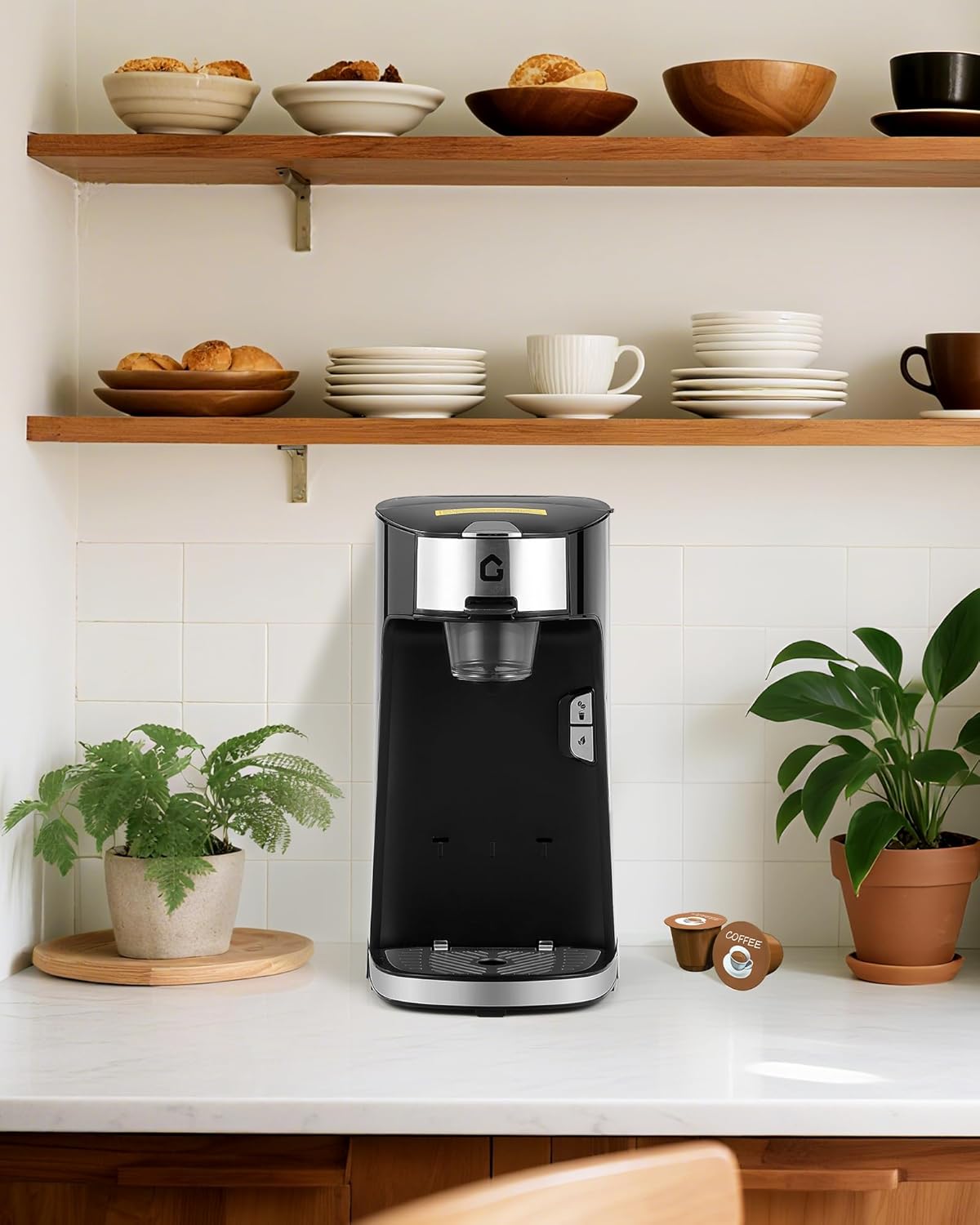 Compatible Coffee Maker with Hot and Cold Brewing, 120V 1300W Single Serve Machine with Scoop Filter for Ground Coffee and Tea, Black