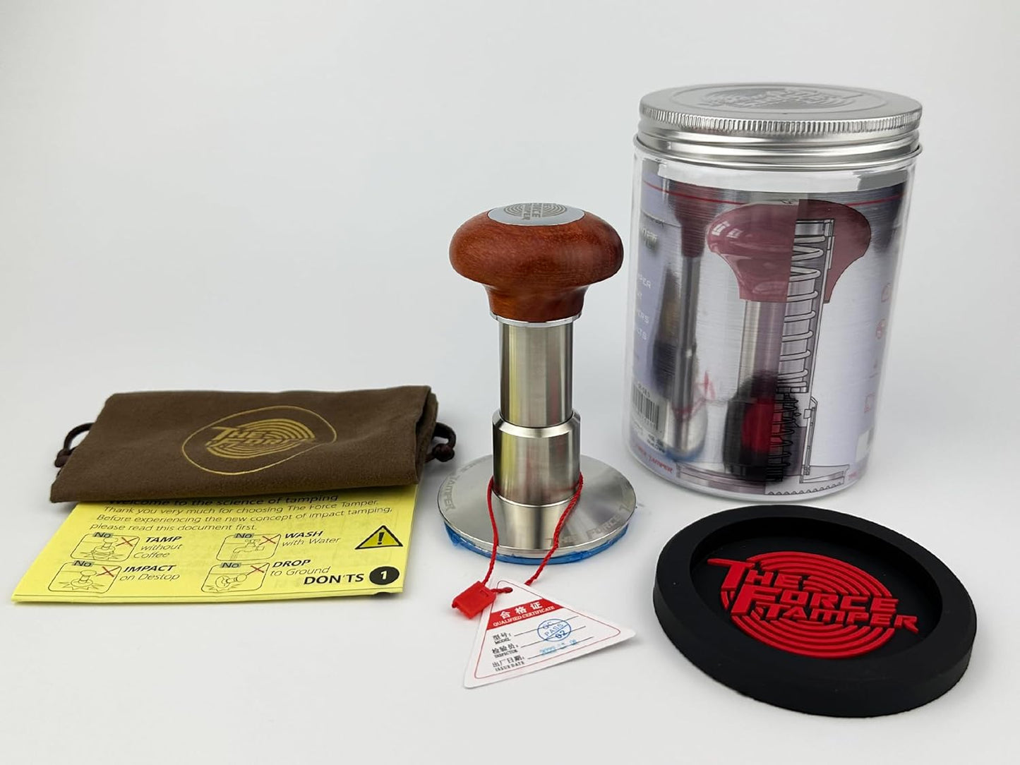 The Force Tamper Automatic Impact Adjustable Constant Pressure and Autoleveling Coffee Tamper Reddish Brown Jellyfish Wooden Handle Set Pro (Standard Set, 58.50mm)